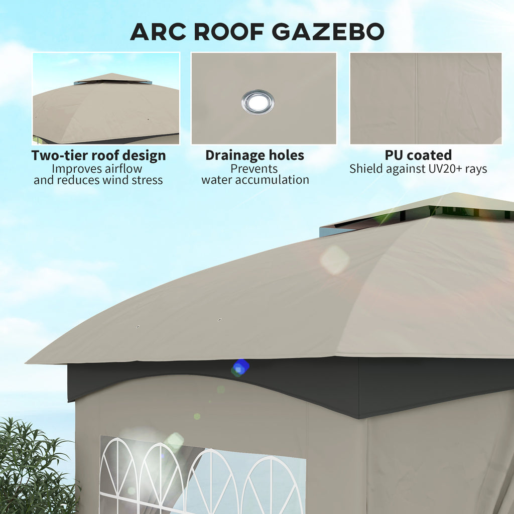 11' x 11' Outdoor Gazebo, Double Roof Patio Gazebo with Curtains, Church Windows, Galvanized Steel Frame, Light Gray