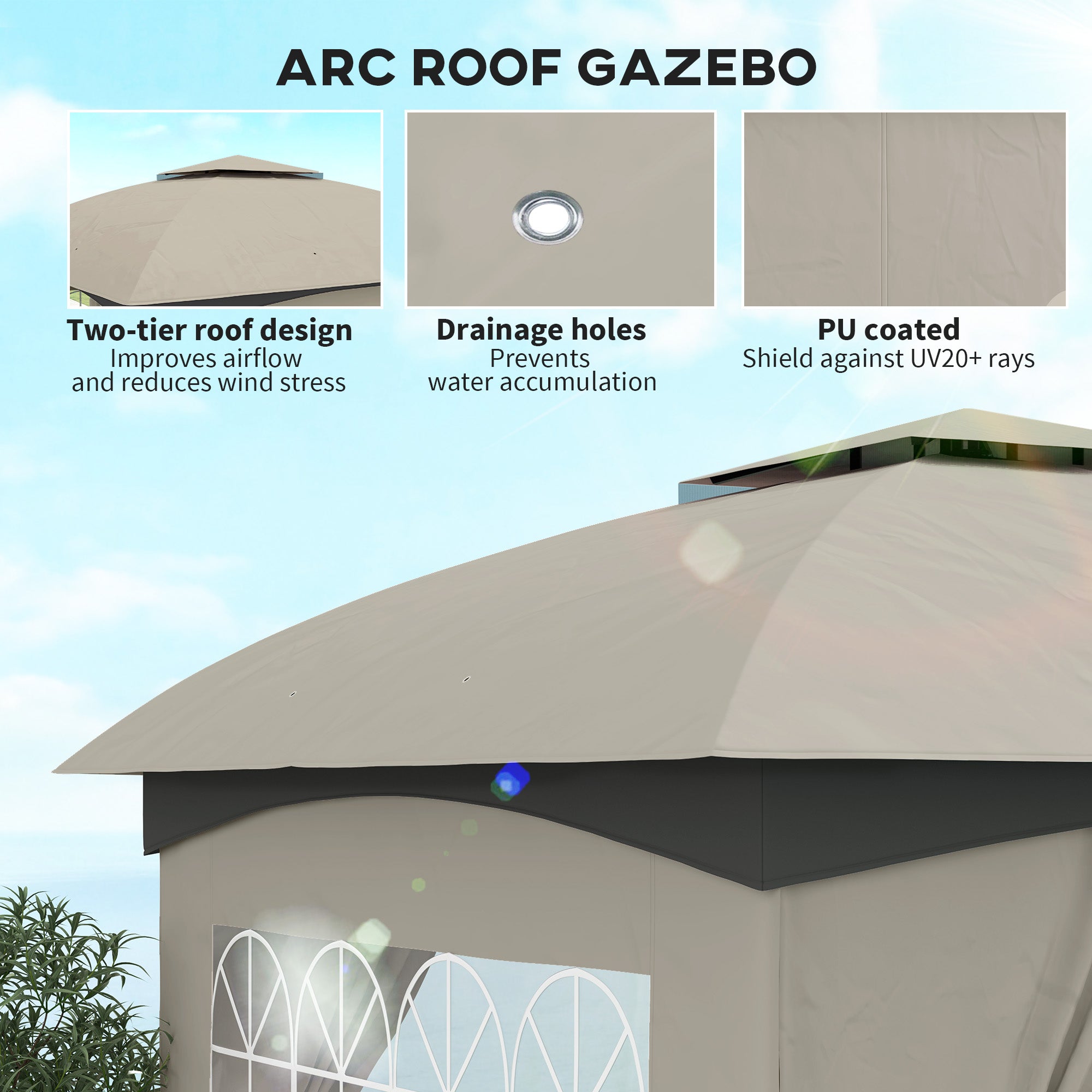 11' x 11' Outdoor Gazebo, Double Roof Patio Gazebo with Curtains, Church Windows, Galvanized Steel Frame, Light Gray