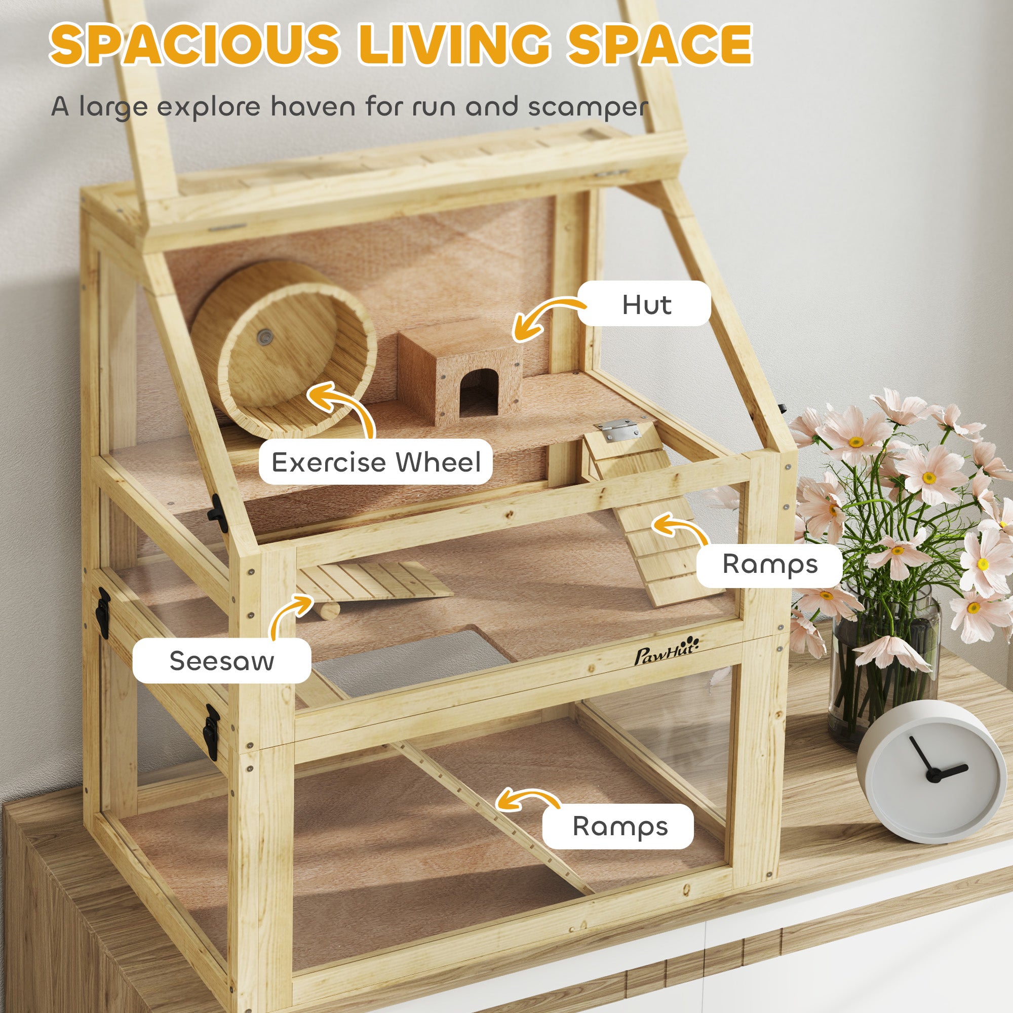3 Tier Wooden Hamster Cage w/ Detachable Bottom, Hut, Seesaw, Exercise Wheel, Ramps, 24" x 16" x 29.5"