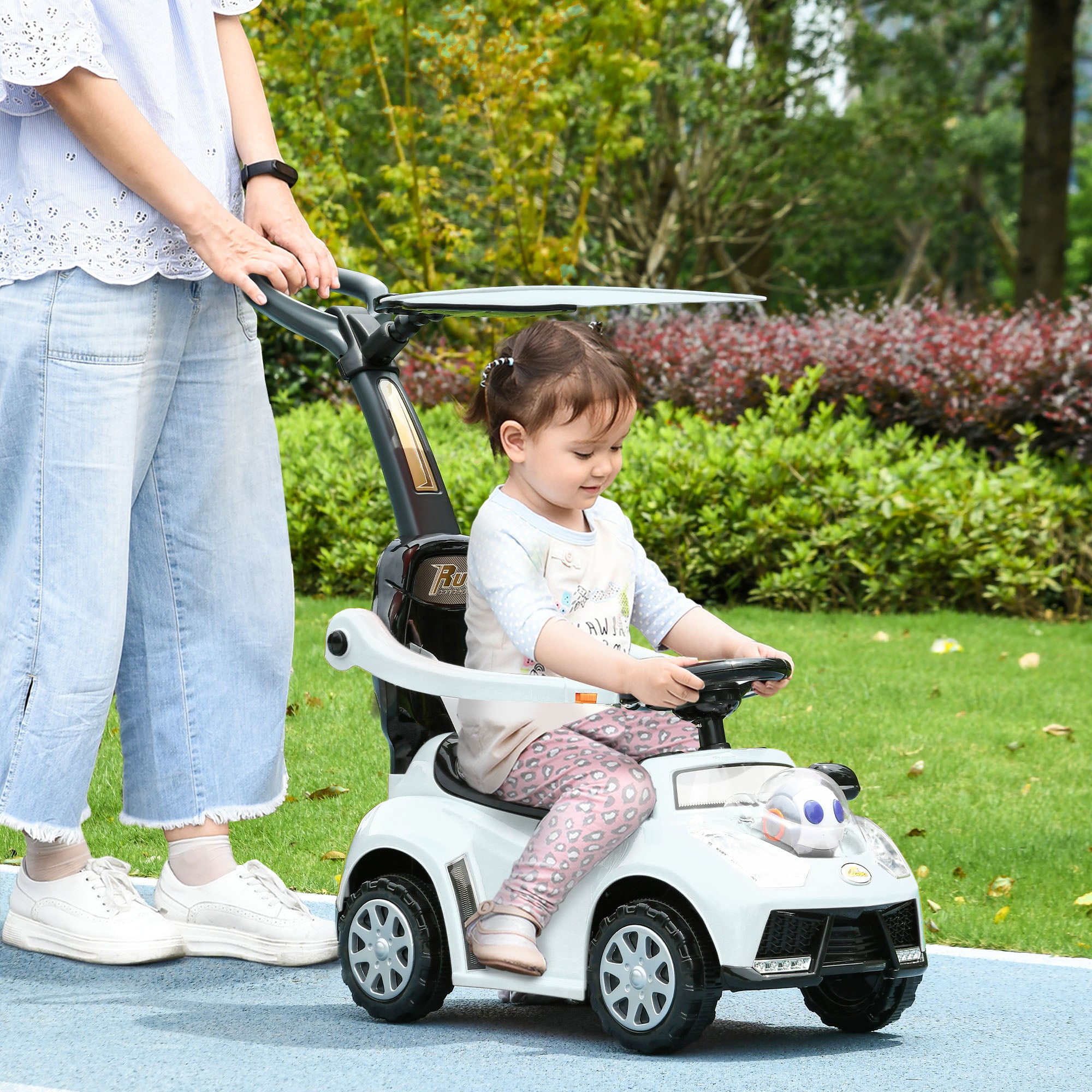 3 in 1 Push Car Sliding Car with Removable Handle, Music, Horn, Canopy, Safety Guardrail, White