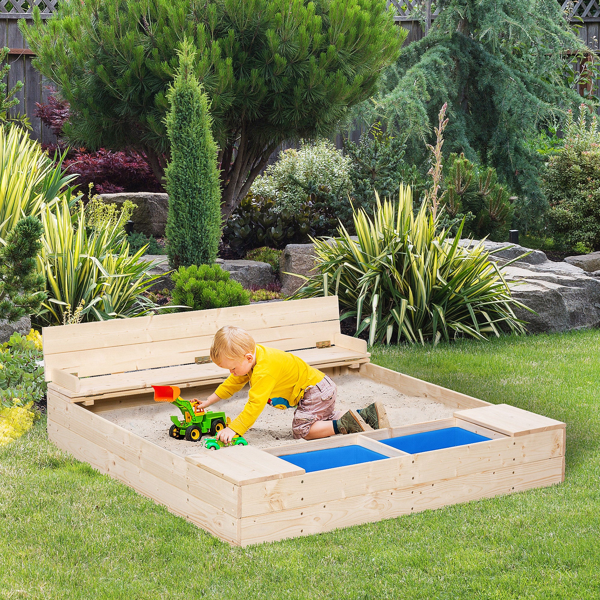 Kids Wooden Sandbox w/ Two Plastic Boxes Foldable Bench Seat Waterproof Cover Bottom Liner Storage Space