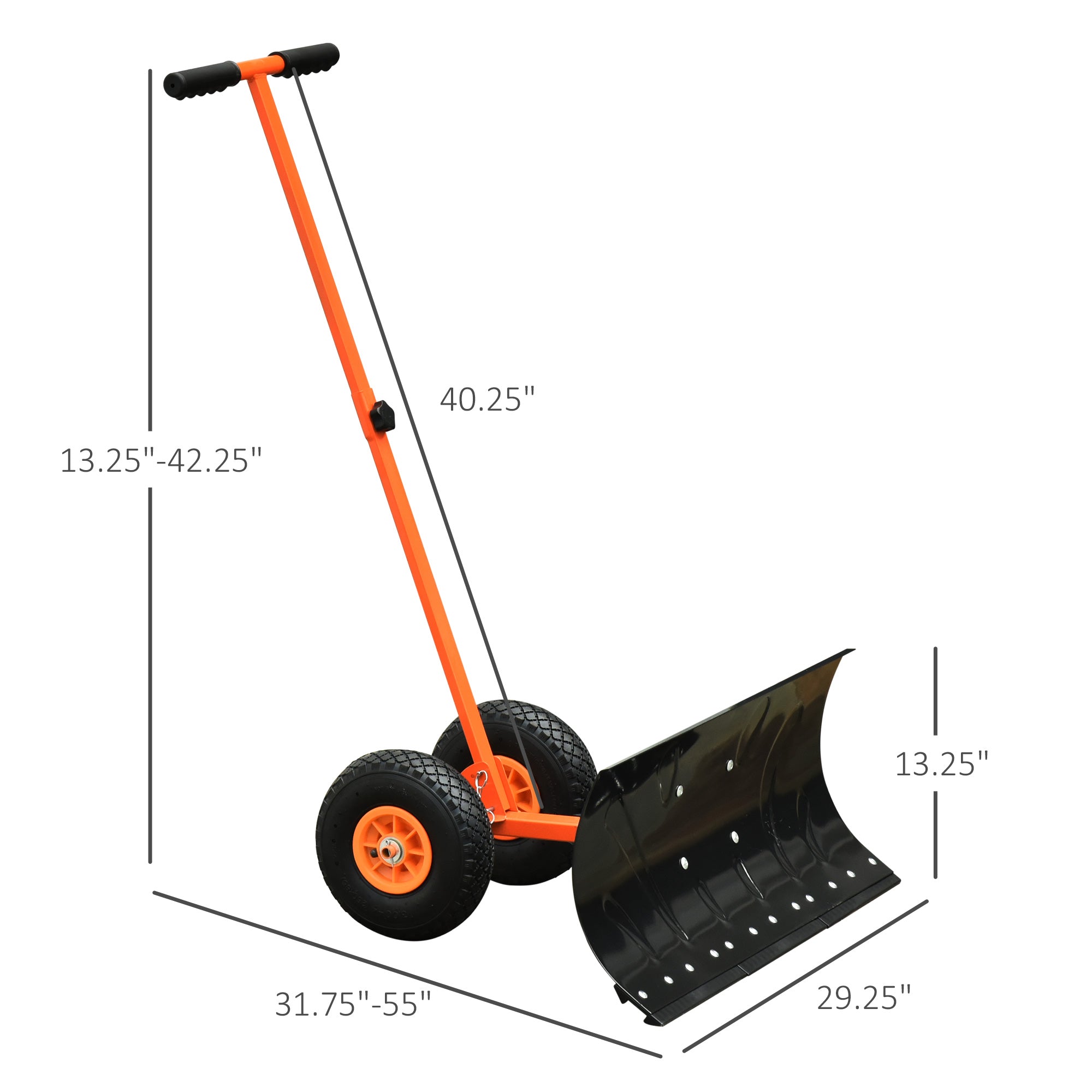 Snow Shovel, Rolling Pusher with 29" Blade, 10" Wheels & Angle-Adjustable Handle, Orange