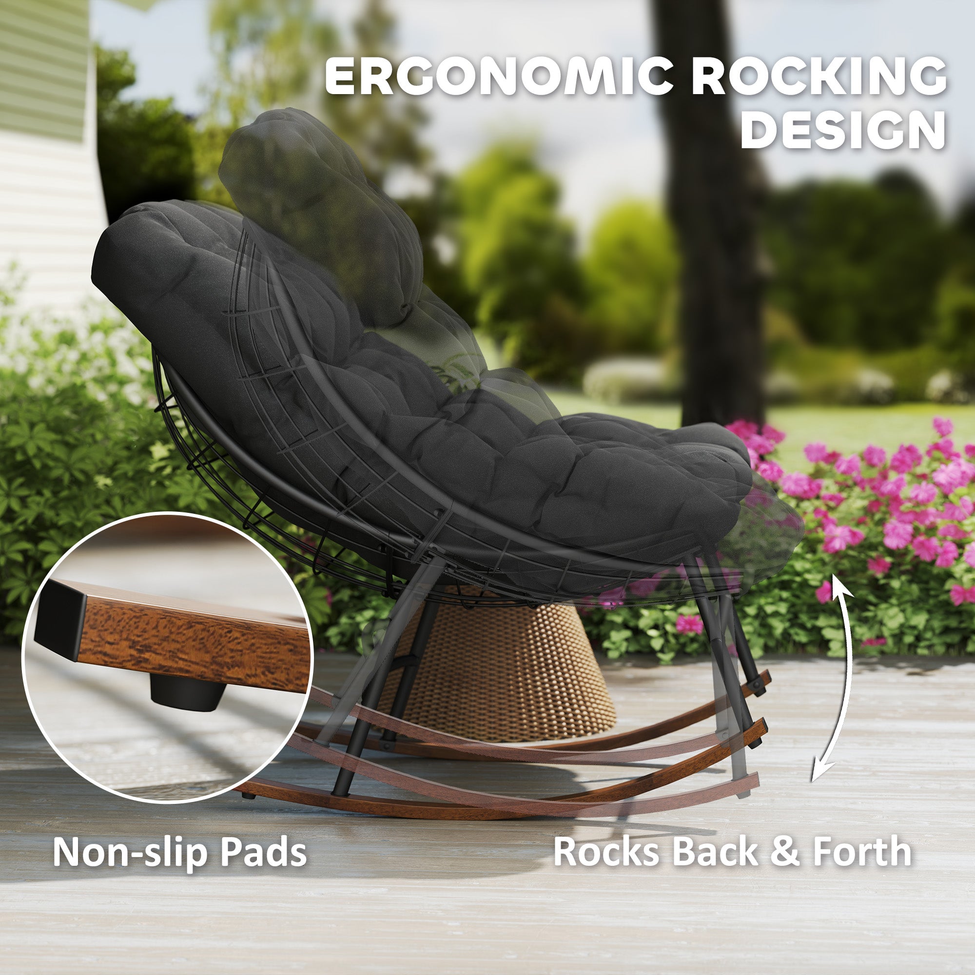 Outdoor Rocking Chair Patio Set of 2, Oversized Rocking Papasan Chairs with Cushions for Garden Porch, 265 lbs., Black