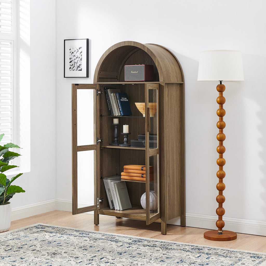 Arched Top Storage Cabinet with LED Light Strip, Adjustable Glass Shelves, Modern Bookcase for Living Room, 30" L x 15.5" W x 67" H, Brown