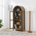 Arched Top Storage Cabinet with LED Light Strip, Adjustable Glass Shelves, Modern Bookcase for Living Room, 30" L x 15.5" W x 67" H, Brown