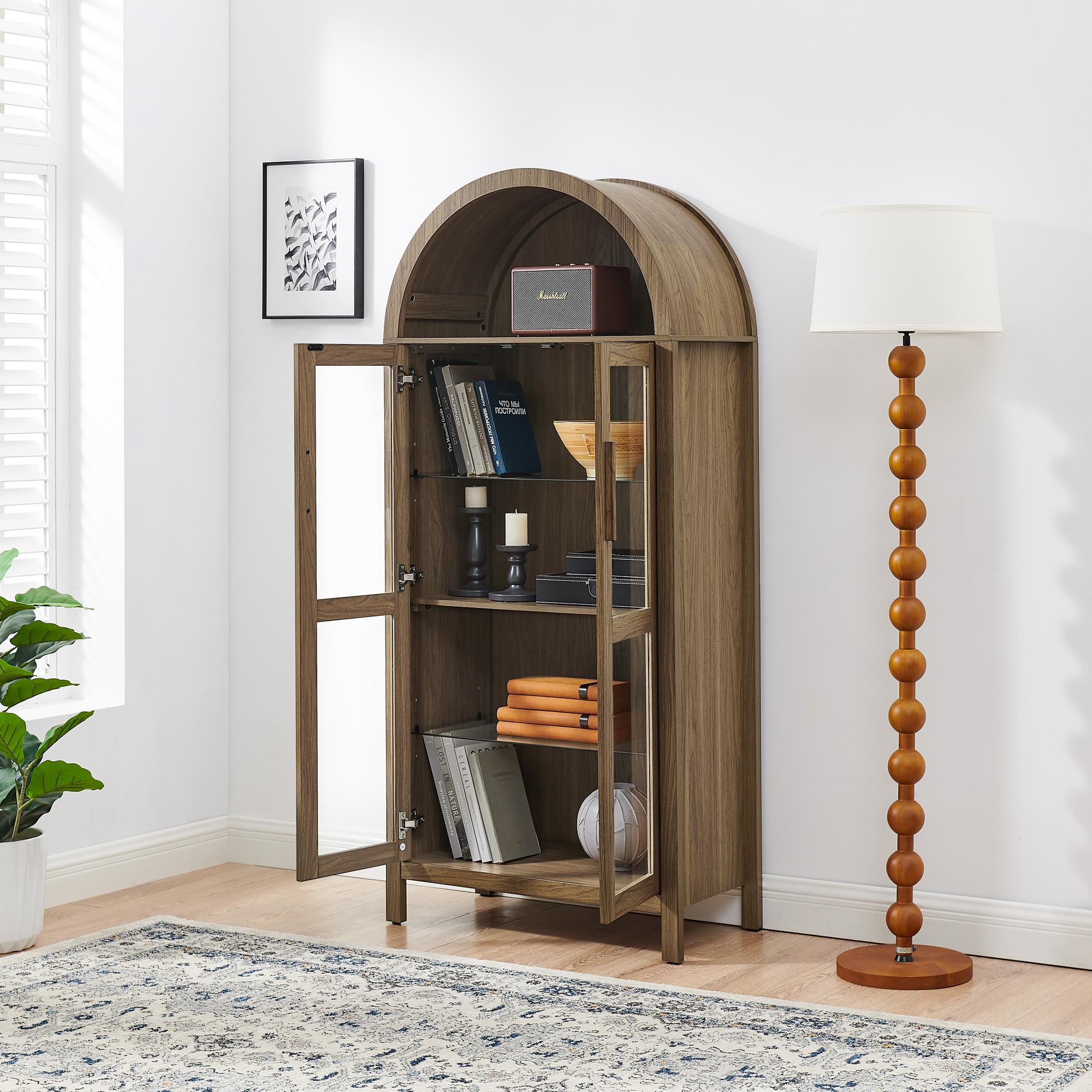 Arched Top Storage Cabinet with LED Light Strip, Adjustable Glass Shelves, Modern Bookcase for Living Room, 30" L x 15.5" W x 67" H, Brown
