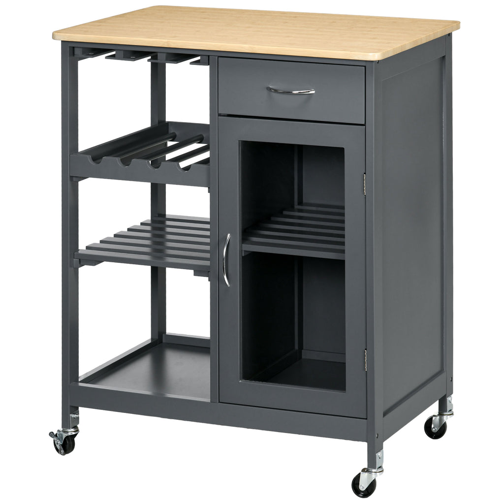 Rolling Kitchen Island with Storage, Kitchen Cart with 4-bottle Wine Rack, Bar Cart with Stemware Holder, Shelves, Drawer and Cabinet, Gray