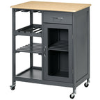 Rolling Kitchen Island with Storage, Kitchen Cart with 4-bottle Wine Rack, Bar Cart with Stemware Holder, Shelves, Drawer and Cabinet, Gray