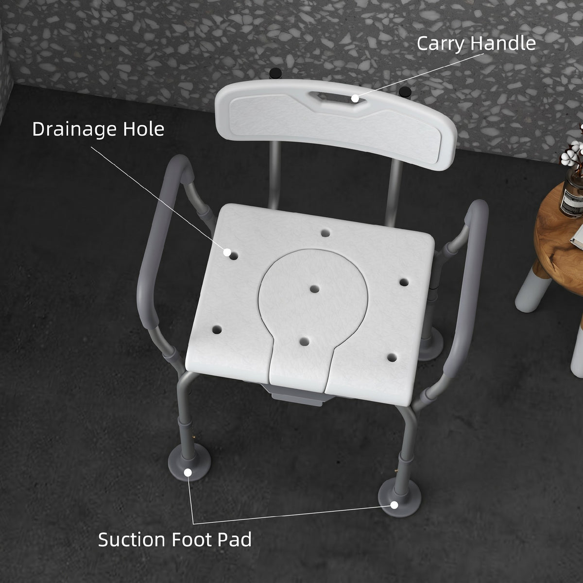 3-in-1 Shower Chair with Back and Arms, Height Adjustable Bedside Commode, Raised Toilet Seat with Non-Slip Rubber Foot Pad for Seniors, Disabled, White