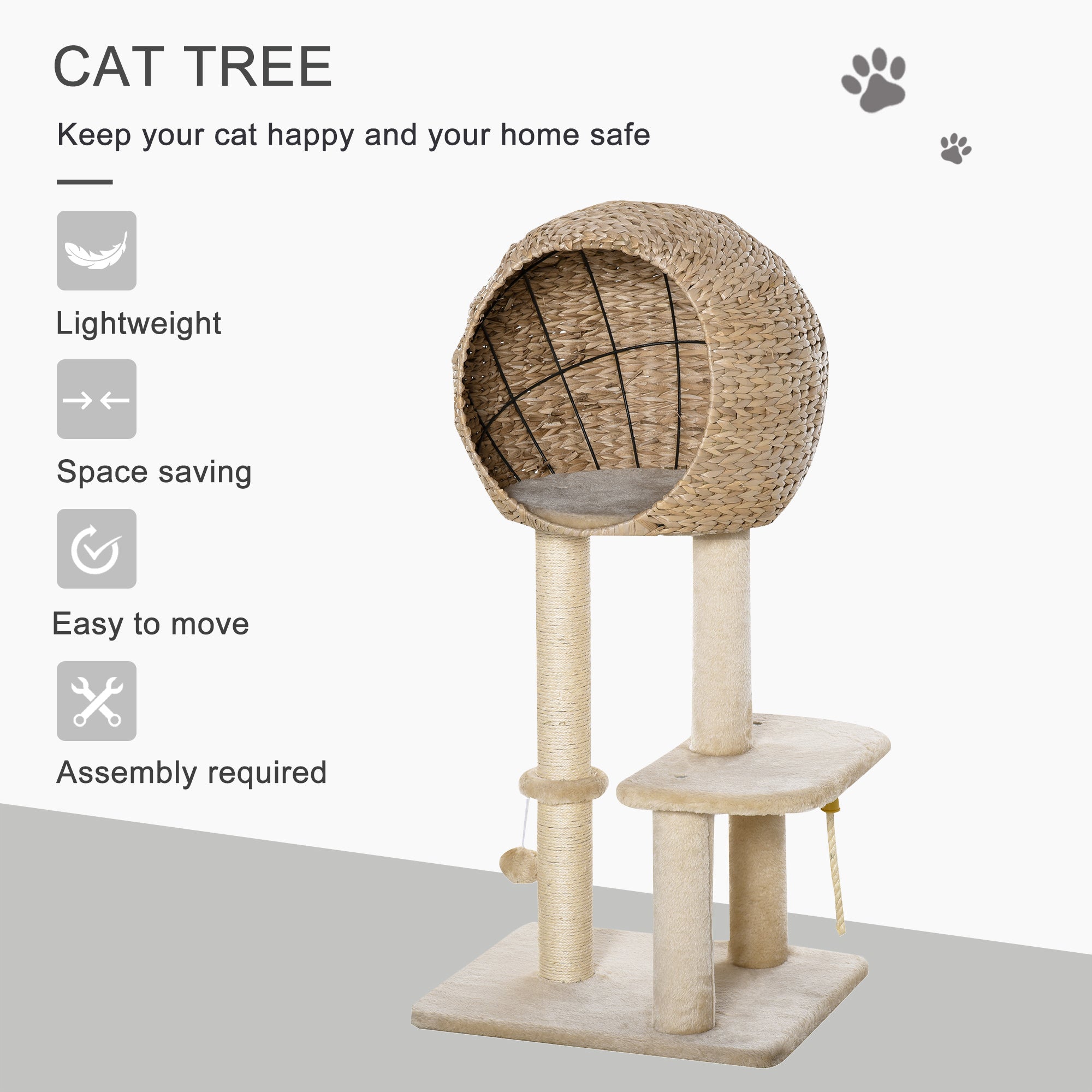 Cat Tree with Sisal Scratching Post Condo and Hanging Rope 39" H, Beige