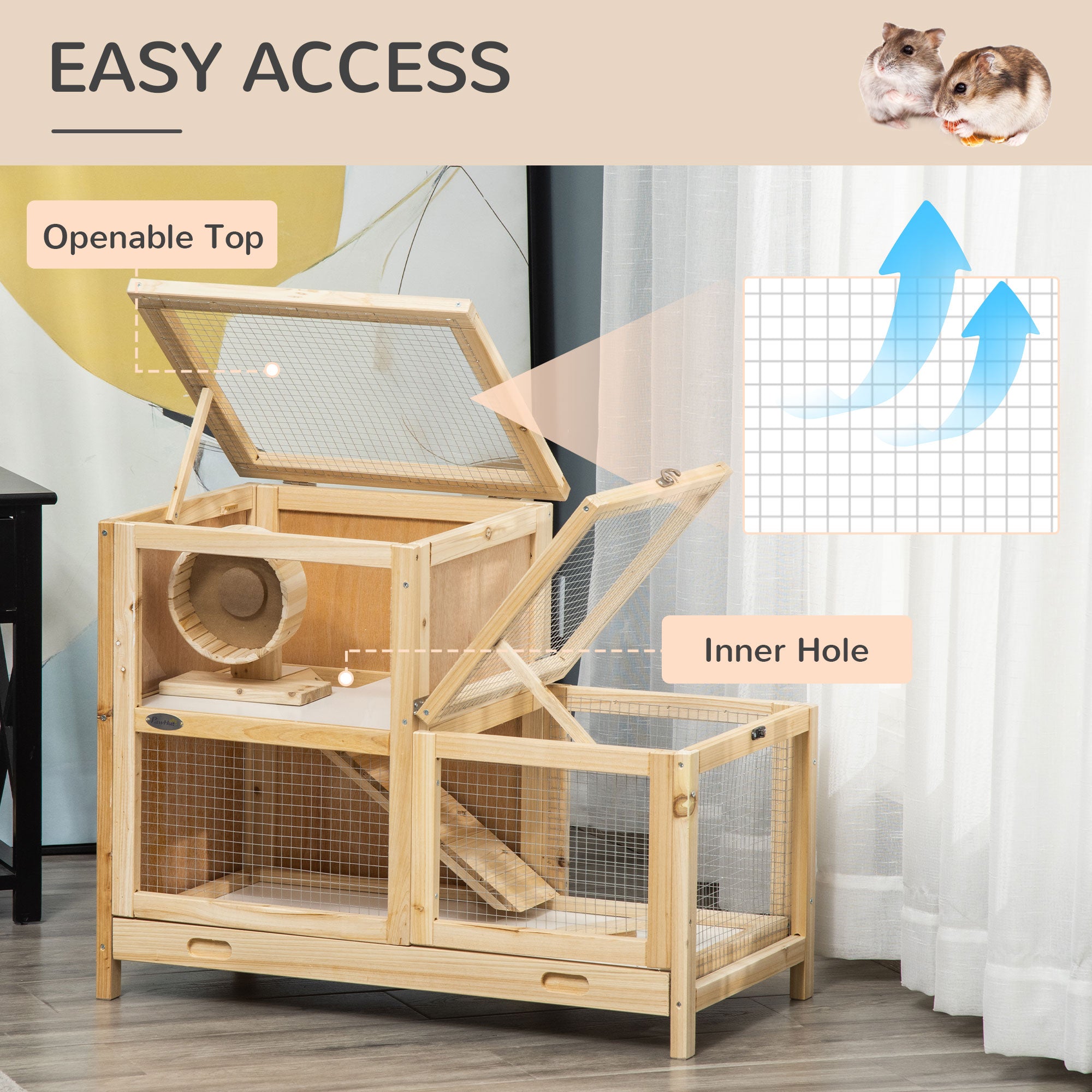 2-Tier Wooden Hamster Cage, Small Animals Hutch, w/ Seesaw, Tray