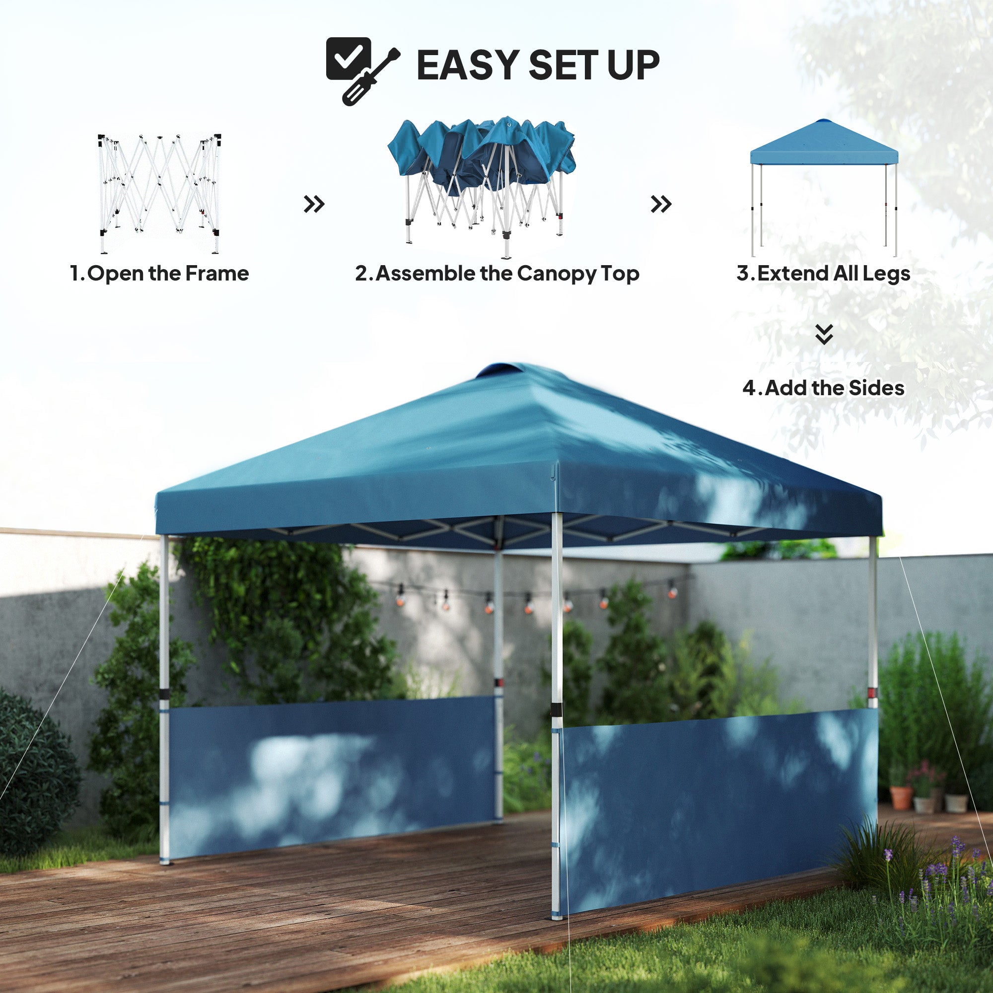 10' x 10' Pop Up Canopy Tent with 2 Half Sidewalls, UV50+ Instant Sun Shelter with Wheeled Carry Bag, Sea Blue