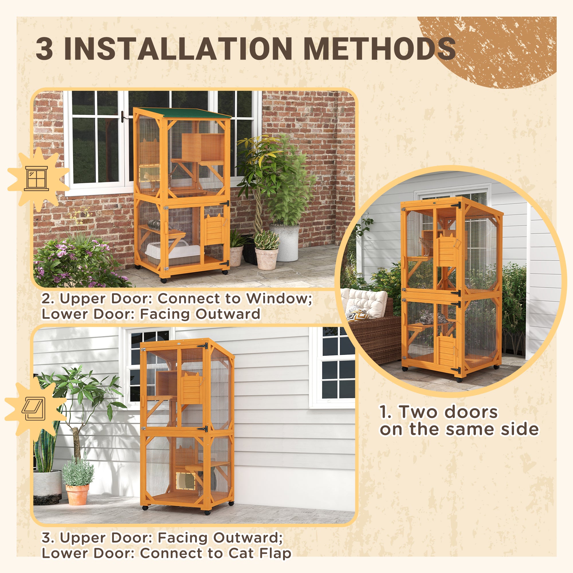 Large Cat House for 1-3 Cats on Wheels Wooden Catio Enclosure Orange