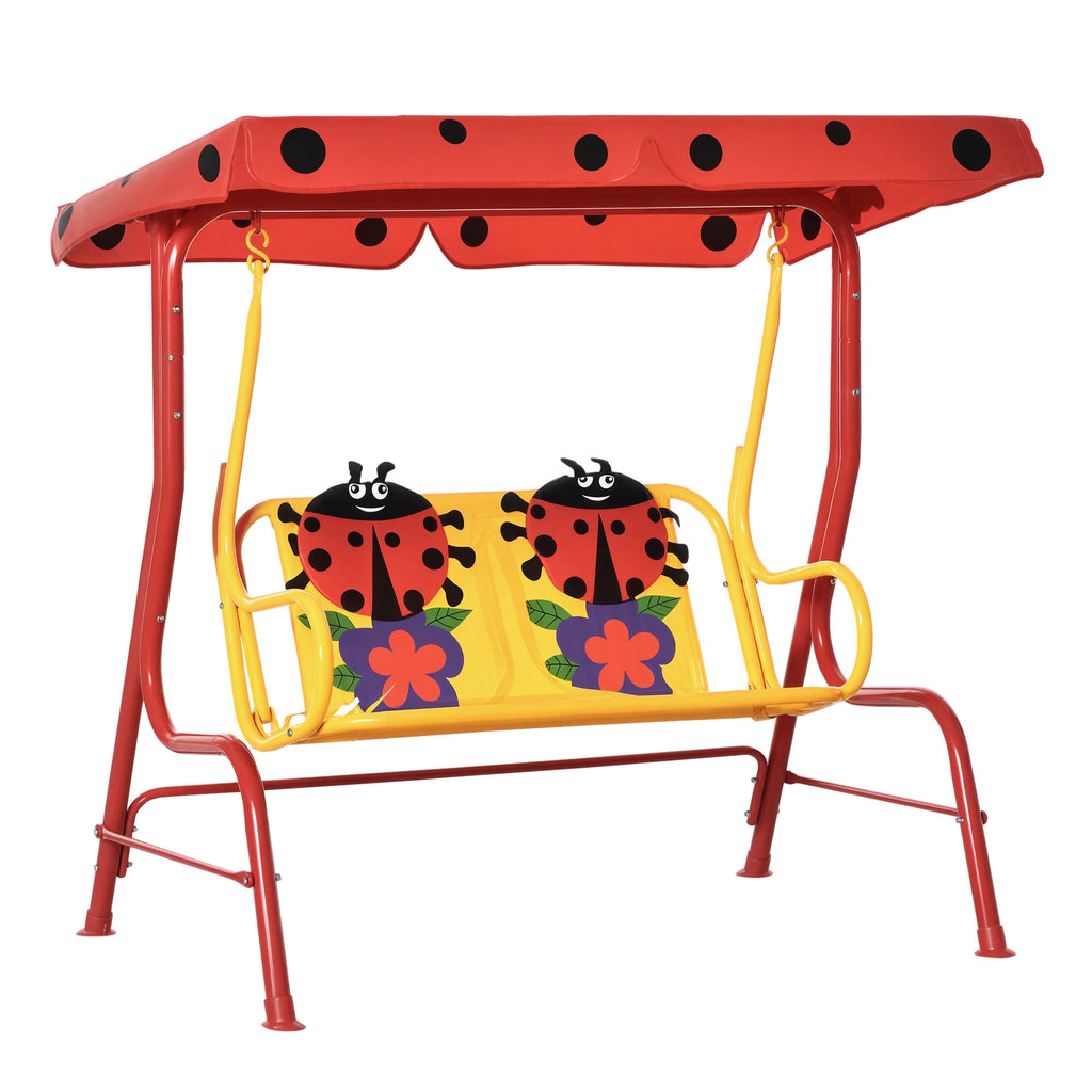 Kids Patio Swing, Adjustable Canopy Swing Glider, Kids Outdoor Swing Chair with 2 Seats, Seat-Belted Safety, Red