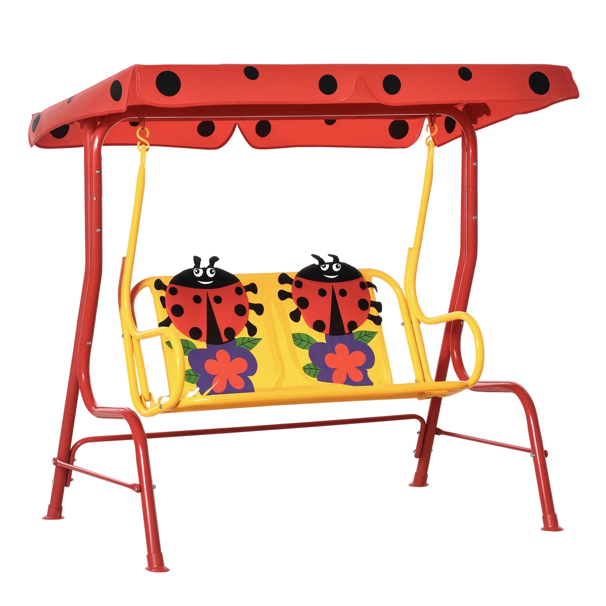 Kids Patio Swing, Adjustable Canopy Swing Glider, Kids Outdoor Swing Chair with 2 Seats, Seat-Belted Safety, Red
