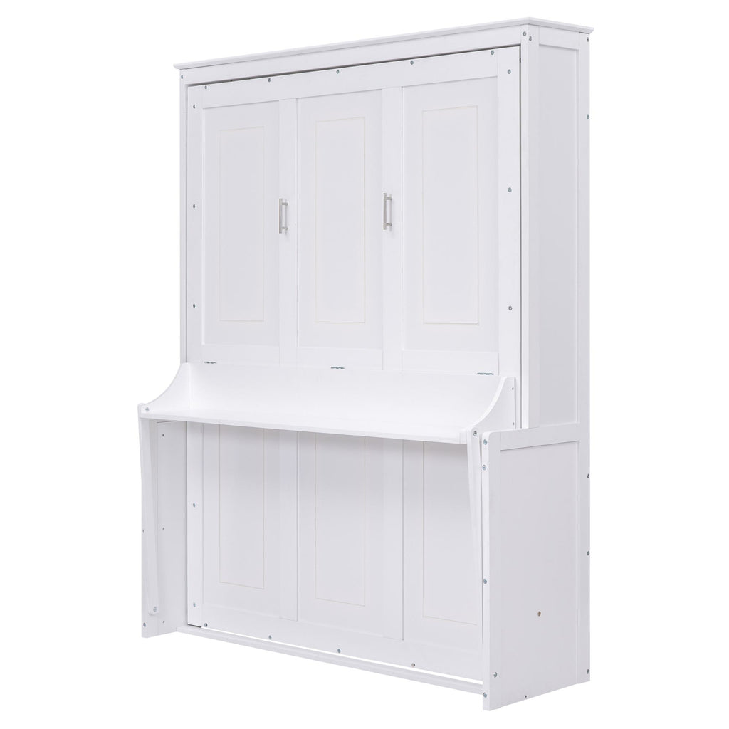 Space-Saving Design Queen Size Murphy Bed with Shelf, Solid Wood and MDF, 86" L x 69.5" W x 87" H, White
