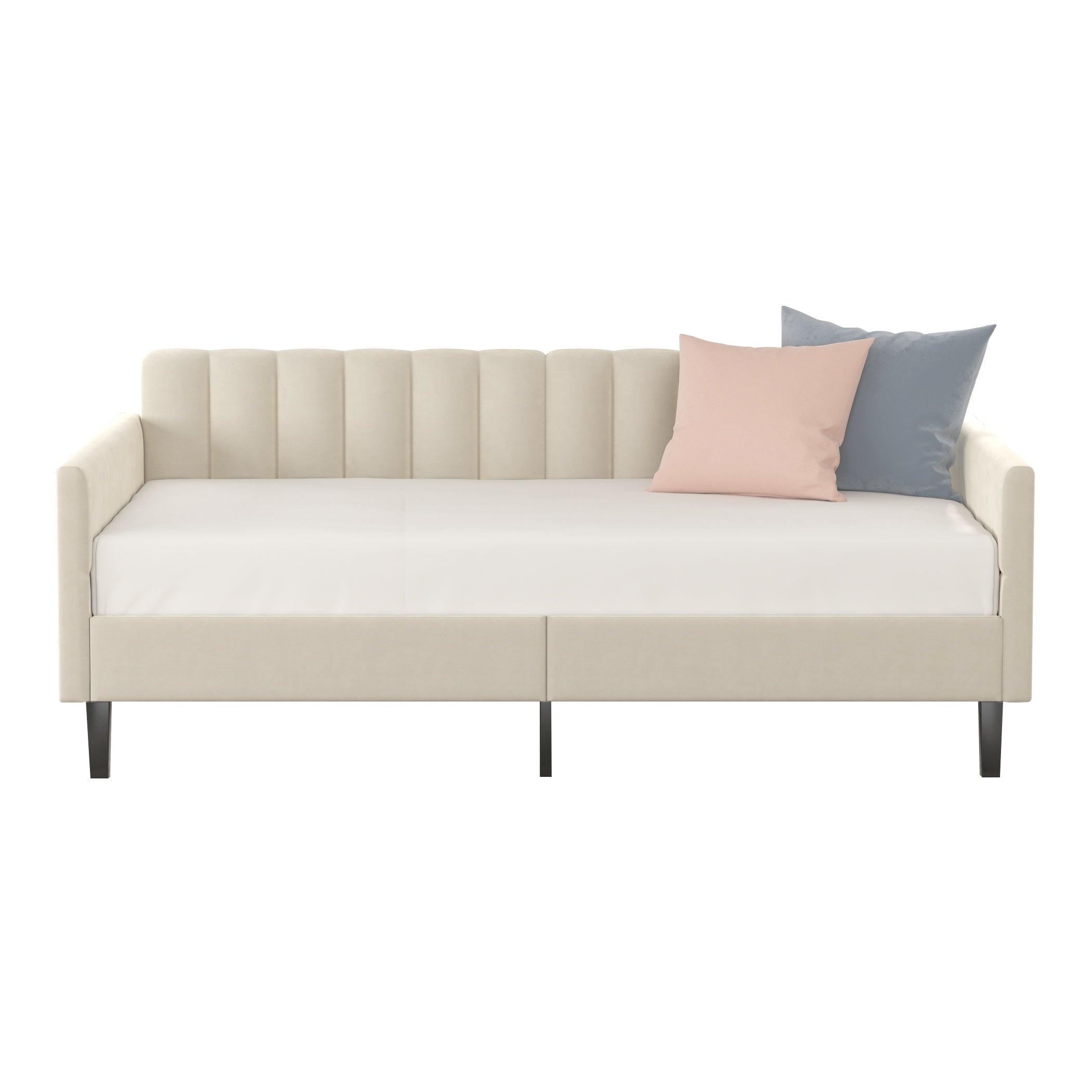 Elena Twin Size Velvet Upholstered Daybed Frame with Ribbed Tufted Backrest, Squeak-Free Durable Metal Frame, Bentwood Slat System, Easy Assembly, Ivory