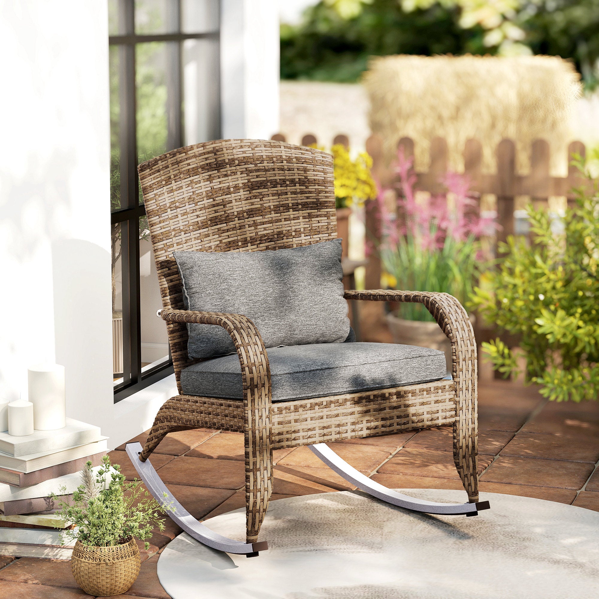 Adirondack Chair, Outdoor Wicker Rocking Chair with High Back, Seat Cushion, and Pillow for Porch, Balcony, Gray