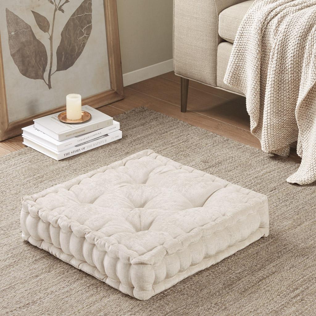 Textured Chenille Square Floor Pillow Cushion with Tufted Detailing, 100% Hypoallergenic Polyester, Scalloped Edge, 20" L x 20" W x 5" H, Ivory