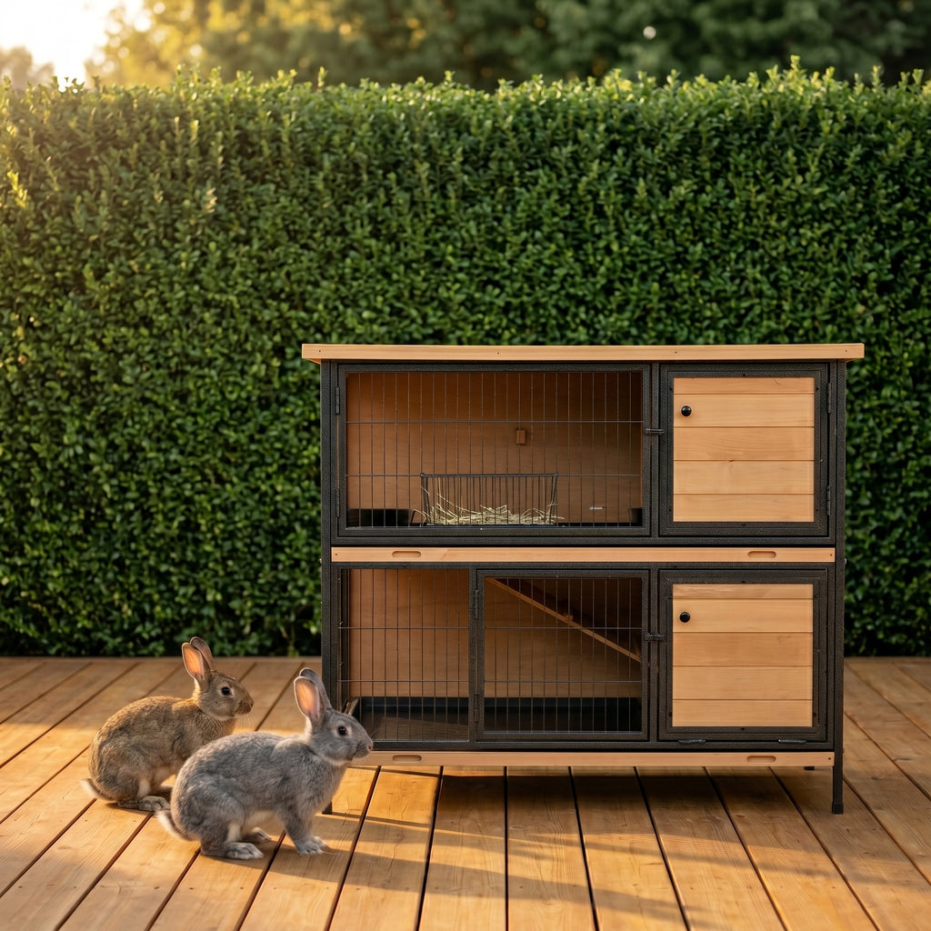 48" 2-Story Large Rabbit Hutch Bunny Cage Wooden Pet House Metal Frame with Rooms, Ramp, No Leak Tray, Feeding Trough, Waterproof Asphalt Roof for Rabbits, Chickens, Ducks, Outdoor/Indoor