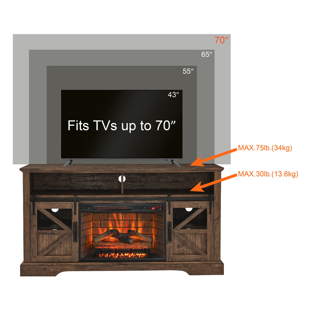 60" Electric Fireplace Entertainment Center with Door Sensor, Adjustable Flame Brightness, Remote Control, 60" L x 16" W x 32" H, Brown