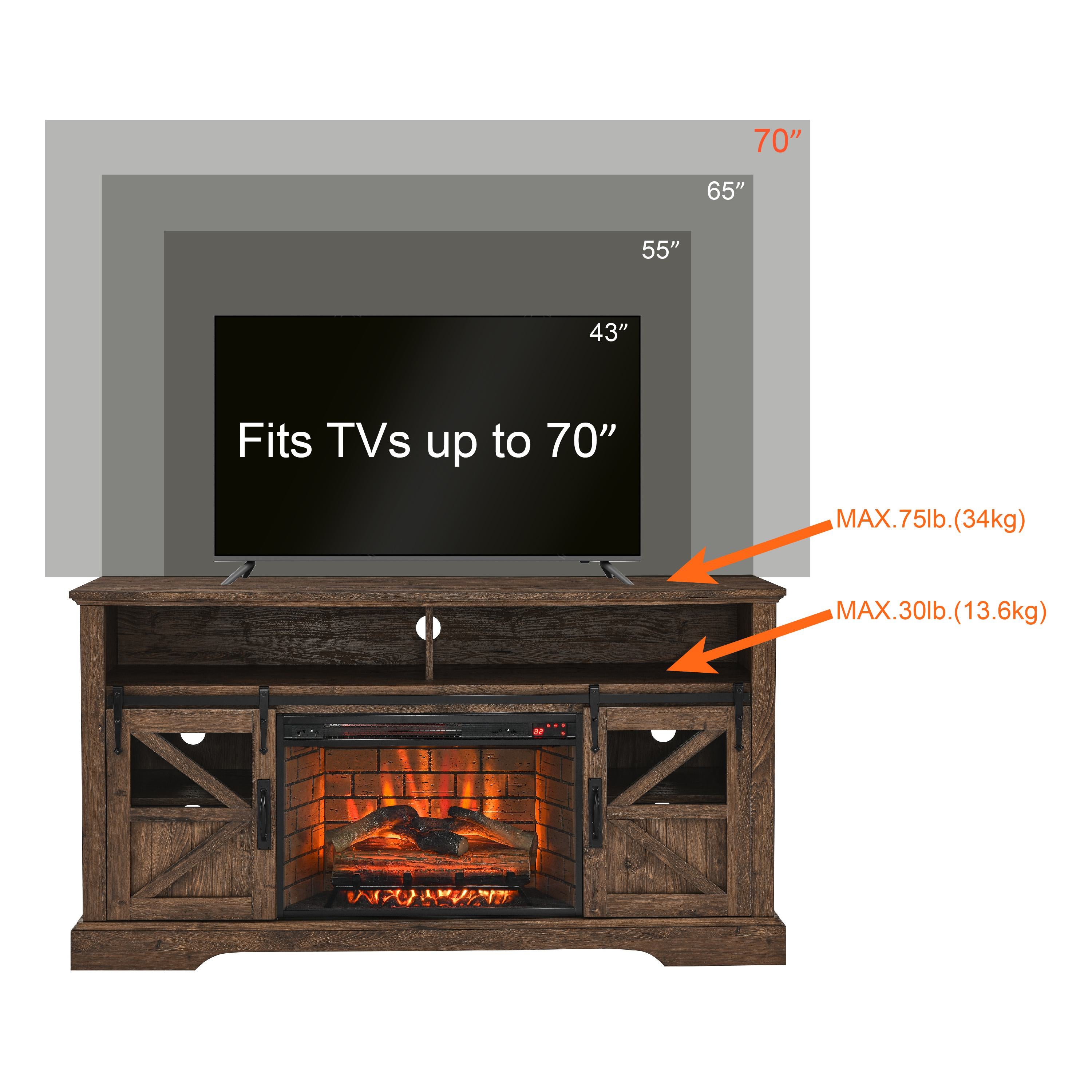 60" Electric Fireplace Entertainment Center with Door Sensor, Adjustable Flame Brightness, Remote Control, 60" L x 16" W x 32" H, Brown