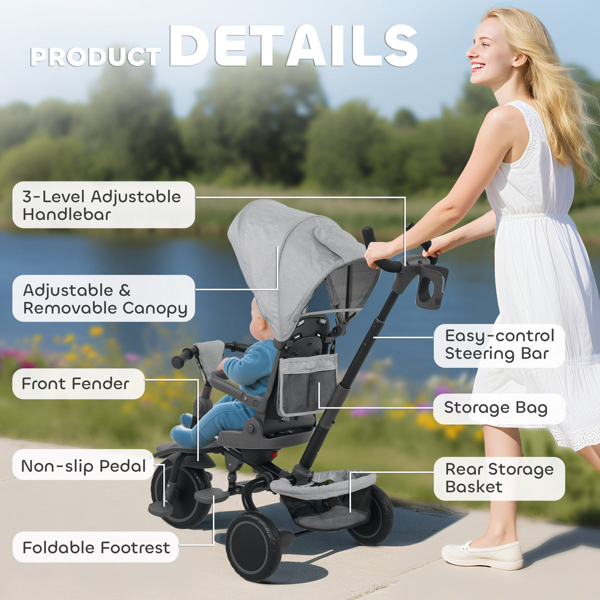 6 in 1 Kids Tricycle with Adjustable Push Handle, Removable Canopy, Reversible Seat, for 1-5 Years, Gray