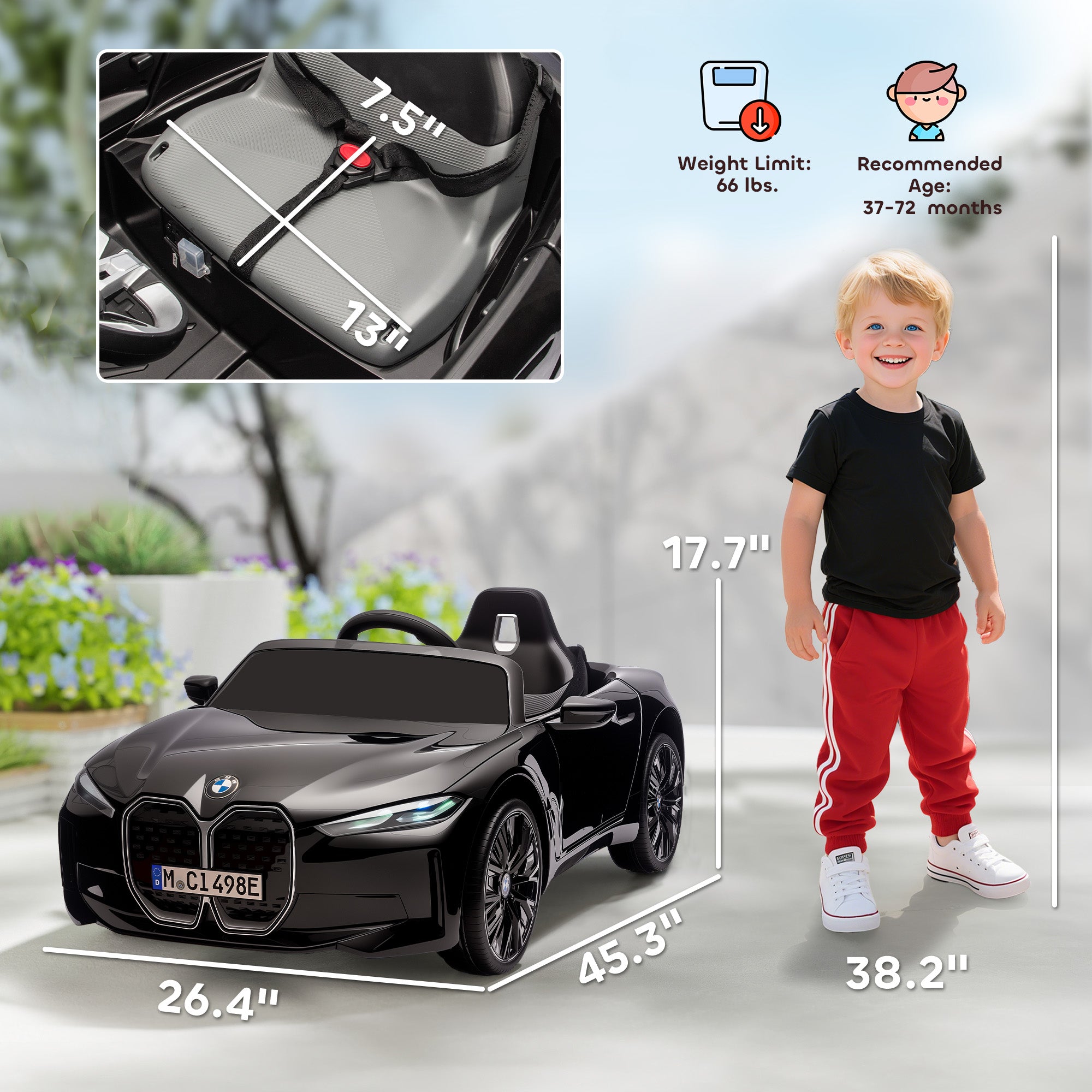 12V Electric Car for Kids with 2.4G Remote Control, Suspension, Black
