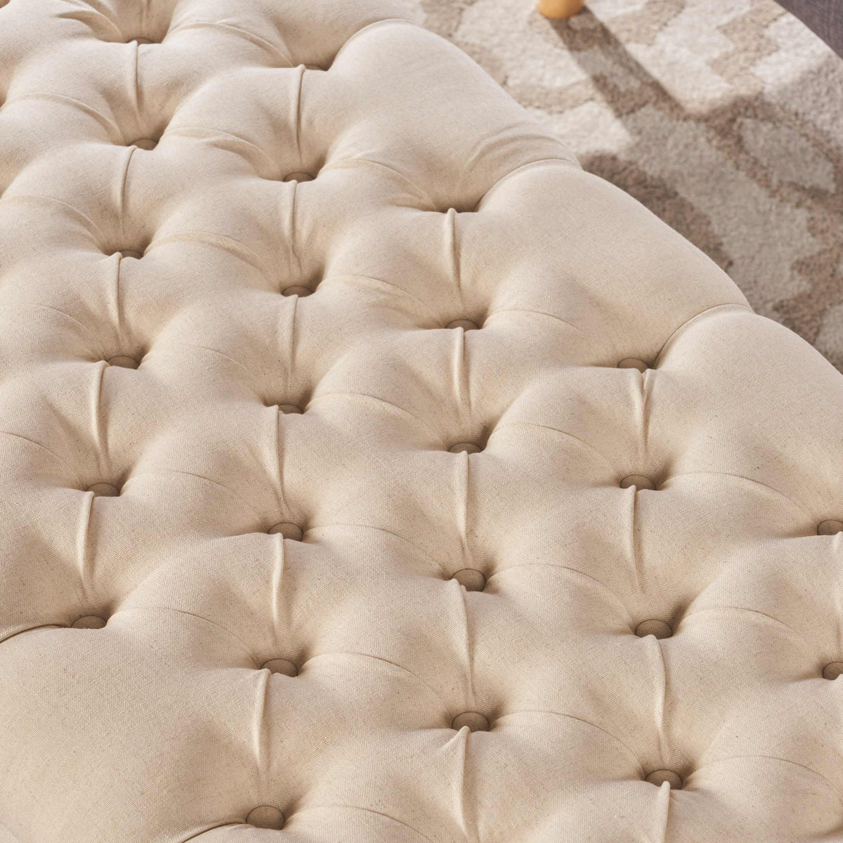 Storage Ottoman with Birch Legs, Hand-Tufted Fabric, 50" L x 20.5" W x 18.25" H, Spot Clean, Beige