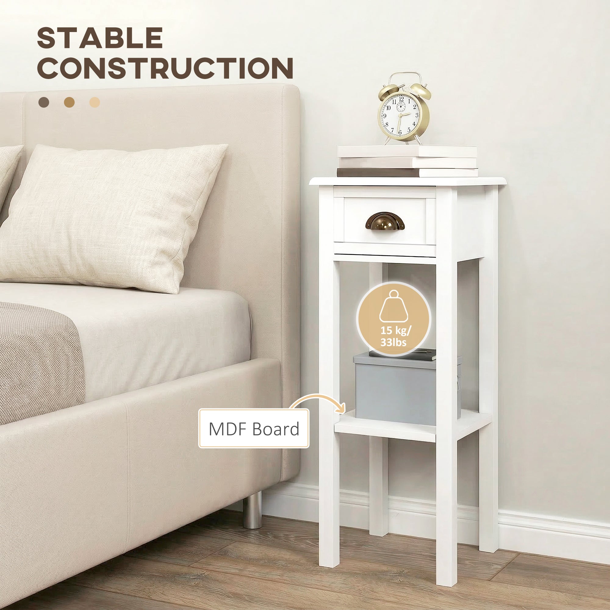 2-Tier Side Tables Set of 2 with Drawer and Shelf, 2 Pieces End Tables for Living Room and Hallway, White
