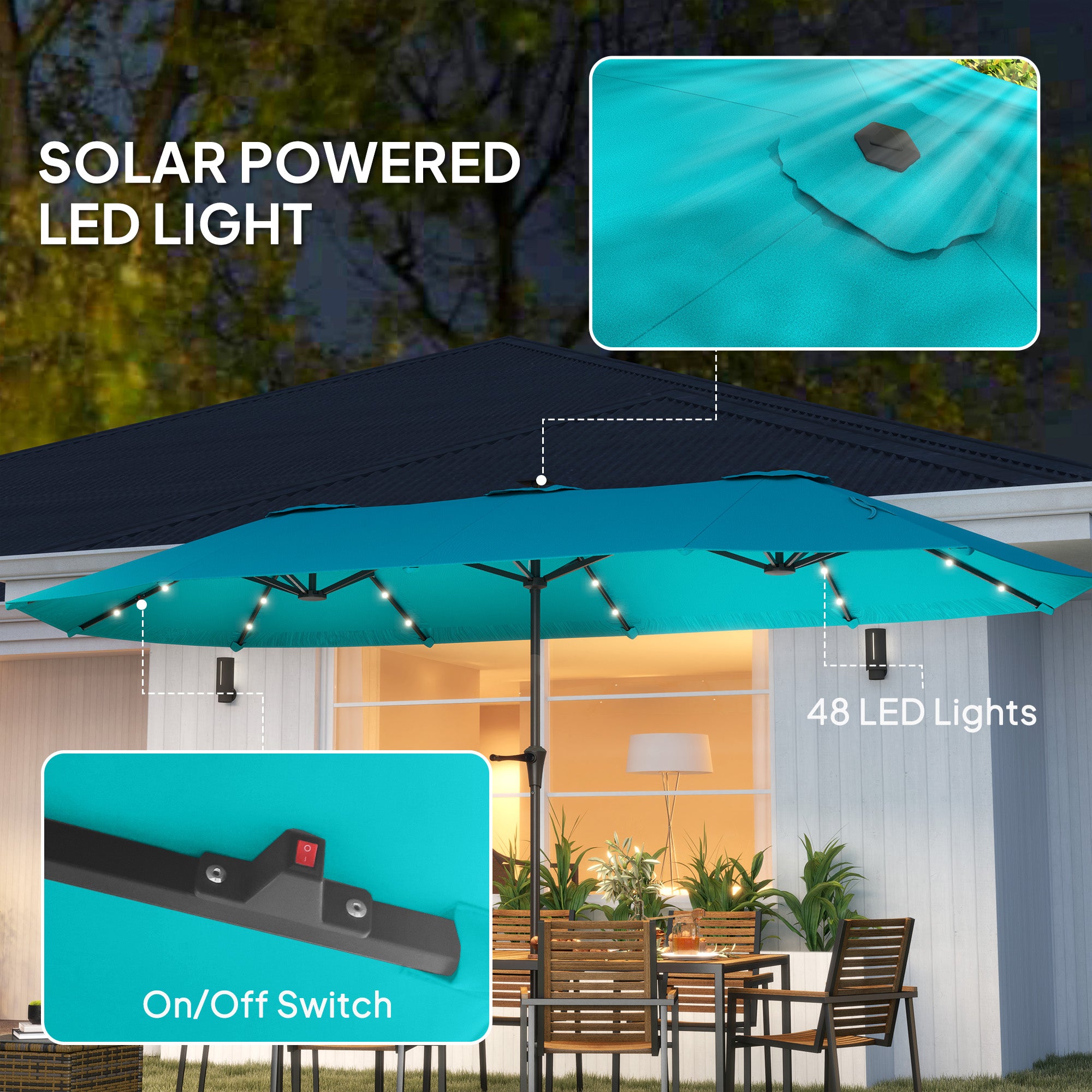 13ft Double-Sided Market Umbrella, Large Patio Umbrella with Solar Lights, Crank Handle for Garden, Pool, Yard, Blue