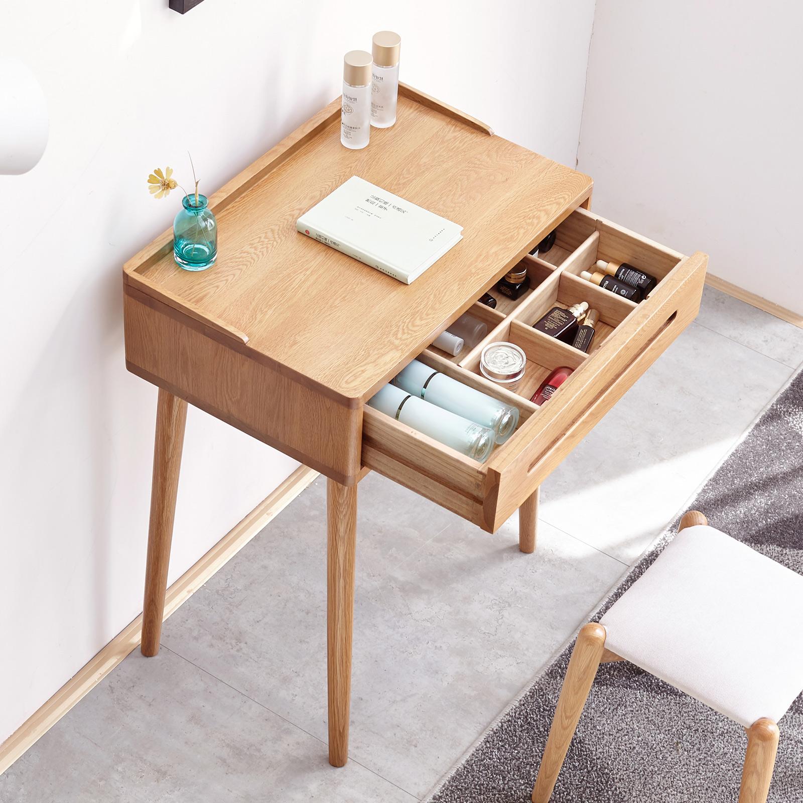 Compact Makeup Vanity Table with Storage Drawer, Assembled Nightstand with Desktop for Bedroom, 23.5″ L x 15.5″ W x 30.5″ H, Oak