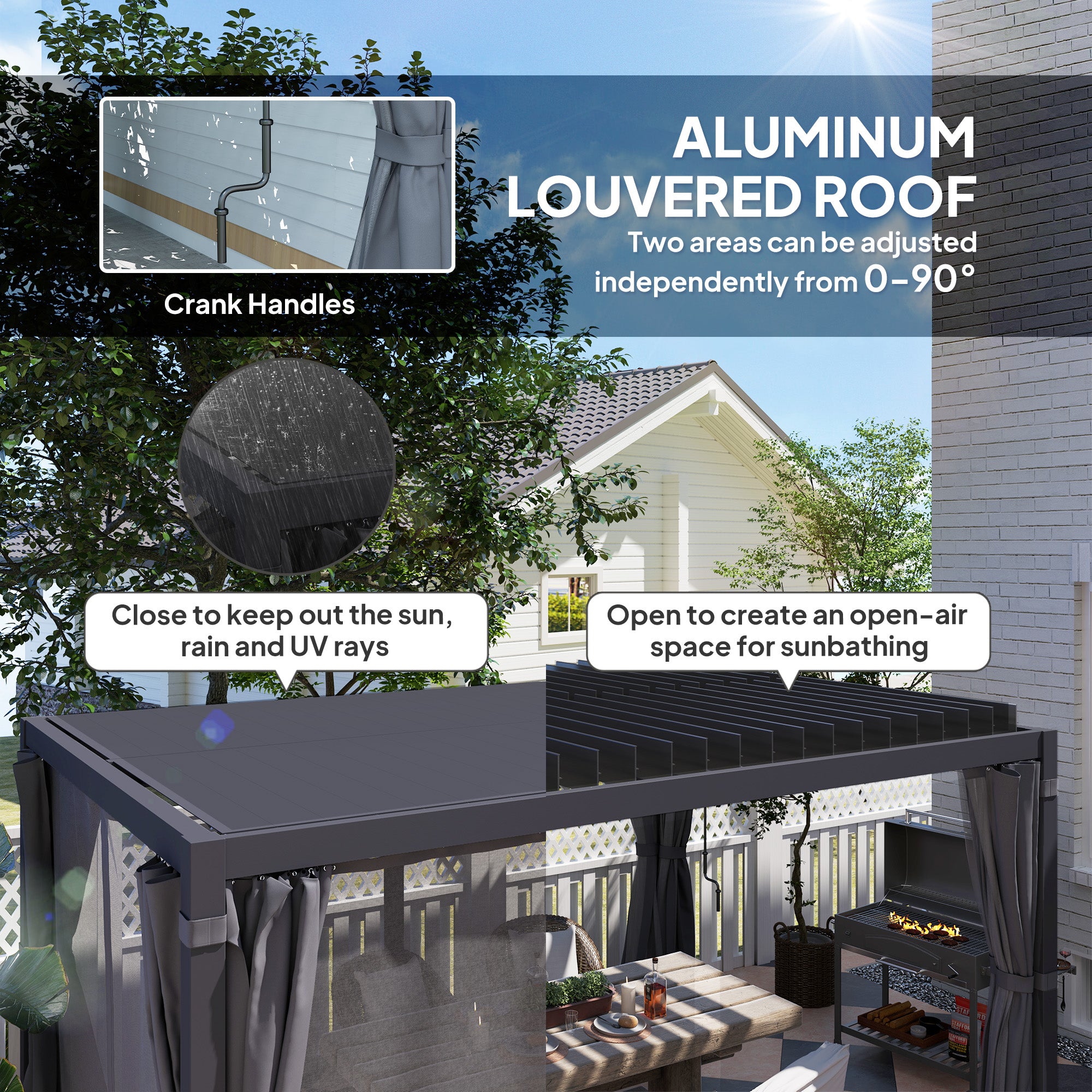 10' x 13' Outdoor Retractable Pergola w/ Sun Shade Louvered Top, Pergola w/ Canopy, Curtains, Netting, Dark Gray