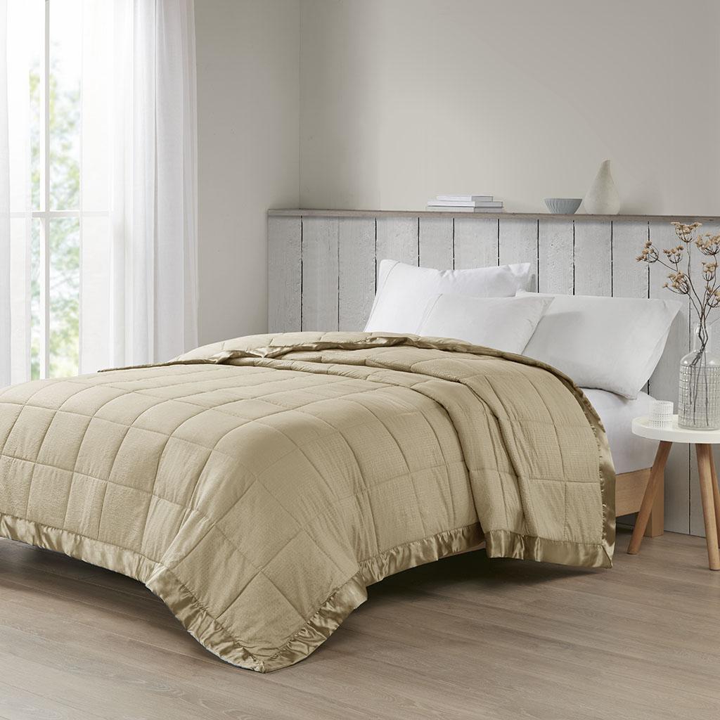 Hypoallergenic Oversized Down Alternative Blanket with Satin Trim, OEKO-TEX Certified, Machine Washable, 108" L x 96" W x 0.25" H, Taupe