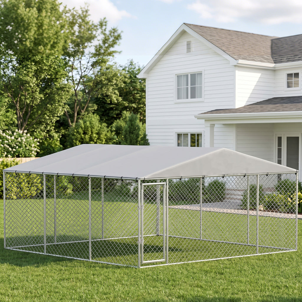 13' x 13' x 6.5' Dog Kennel Outdoor for Small Medium Dogs with Waterproof Roof, Silver