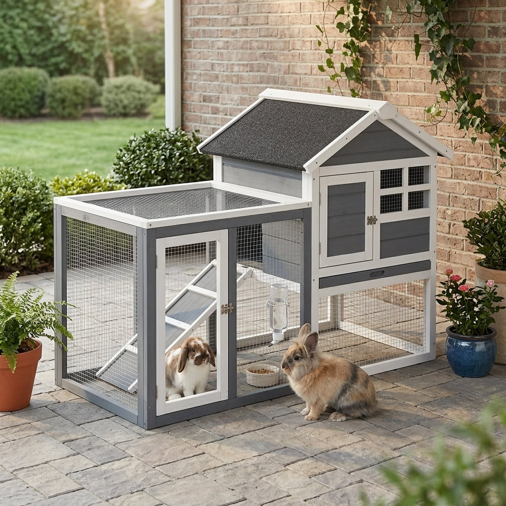 Indoor Rabbit Enclosure, 48" Weatherproof Wooden Rabbit Hutch, with Slanted Asphalt Roof & Fun Outdoor Run for Bunnies & Ferrets - Gray