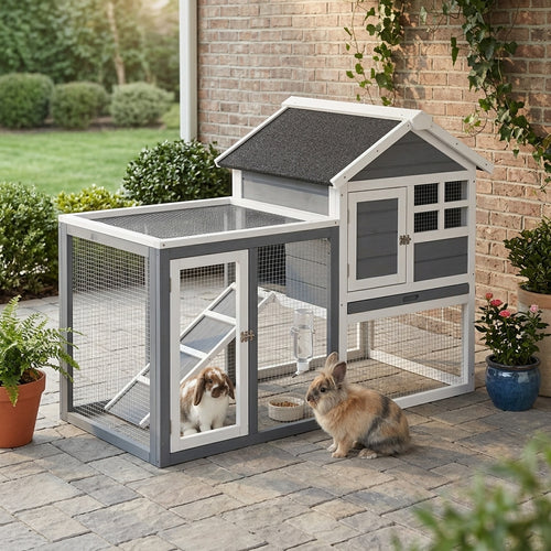 Indoor Rabbit Enclosure, 48" Weatherproof Wooden Rabbit Hutch, with Slanted Asphalt Roof & Fun Outdoor Run for Bunnies & Ferrets - Gray