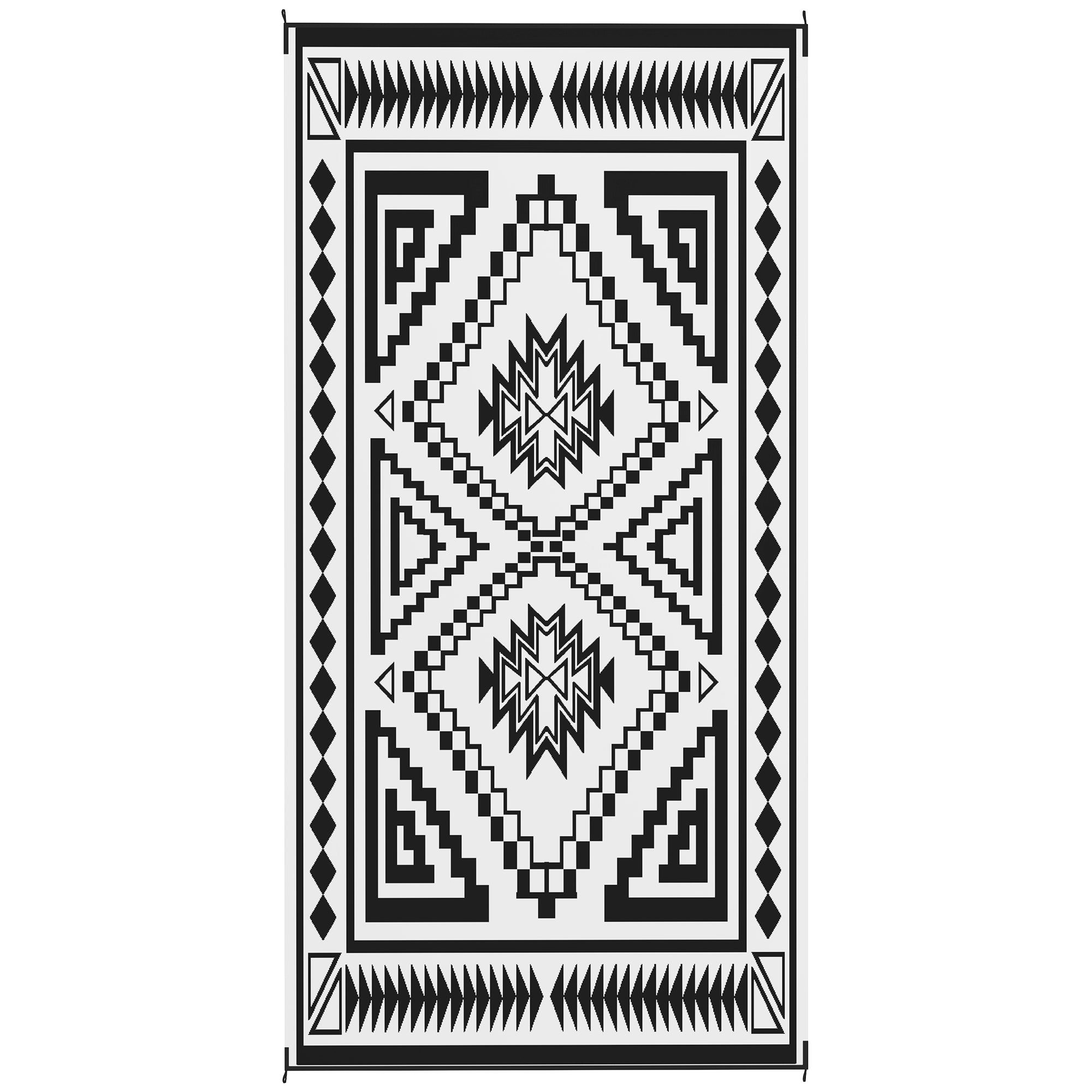 Reversible Outdoor Rug, Waterproof Plastic Straw with Carry Bag, 9' x 18', Black & White Square Patchwork