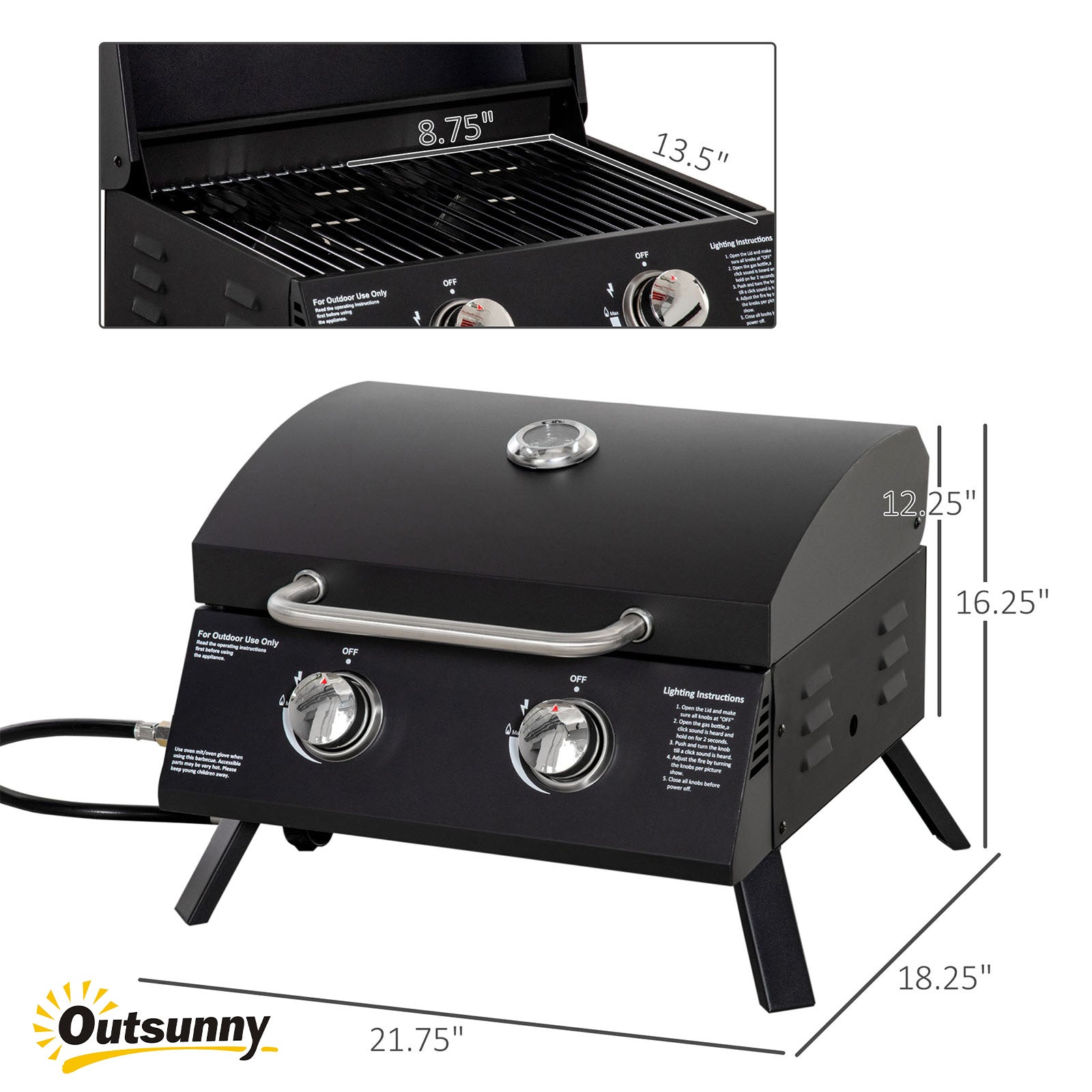 21.75" Charcoal BBQ, Portable Grill with 2 Burners, Heat-Resistant Handle, Folding Legs, Removable Ashtray, Thermometer, Carbon Steel, for Outdoor Cooking, Camping, Black