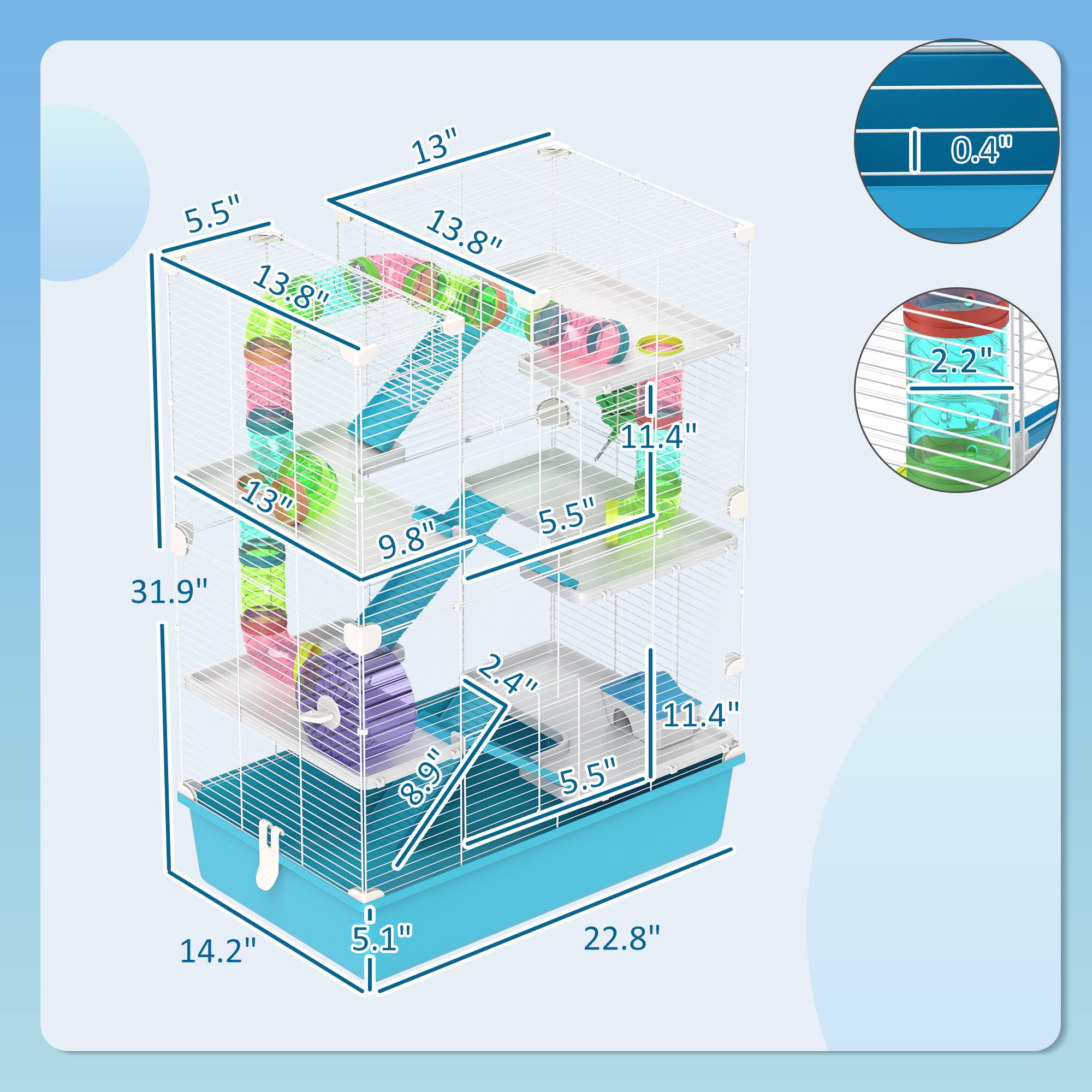 6 Tier Hamster Cage with Tubes and Tunnels, Hut, Wheel, Food Dish, Water Bottle, Ramps, for Dwarf & Gerbil, Light Blue