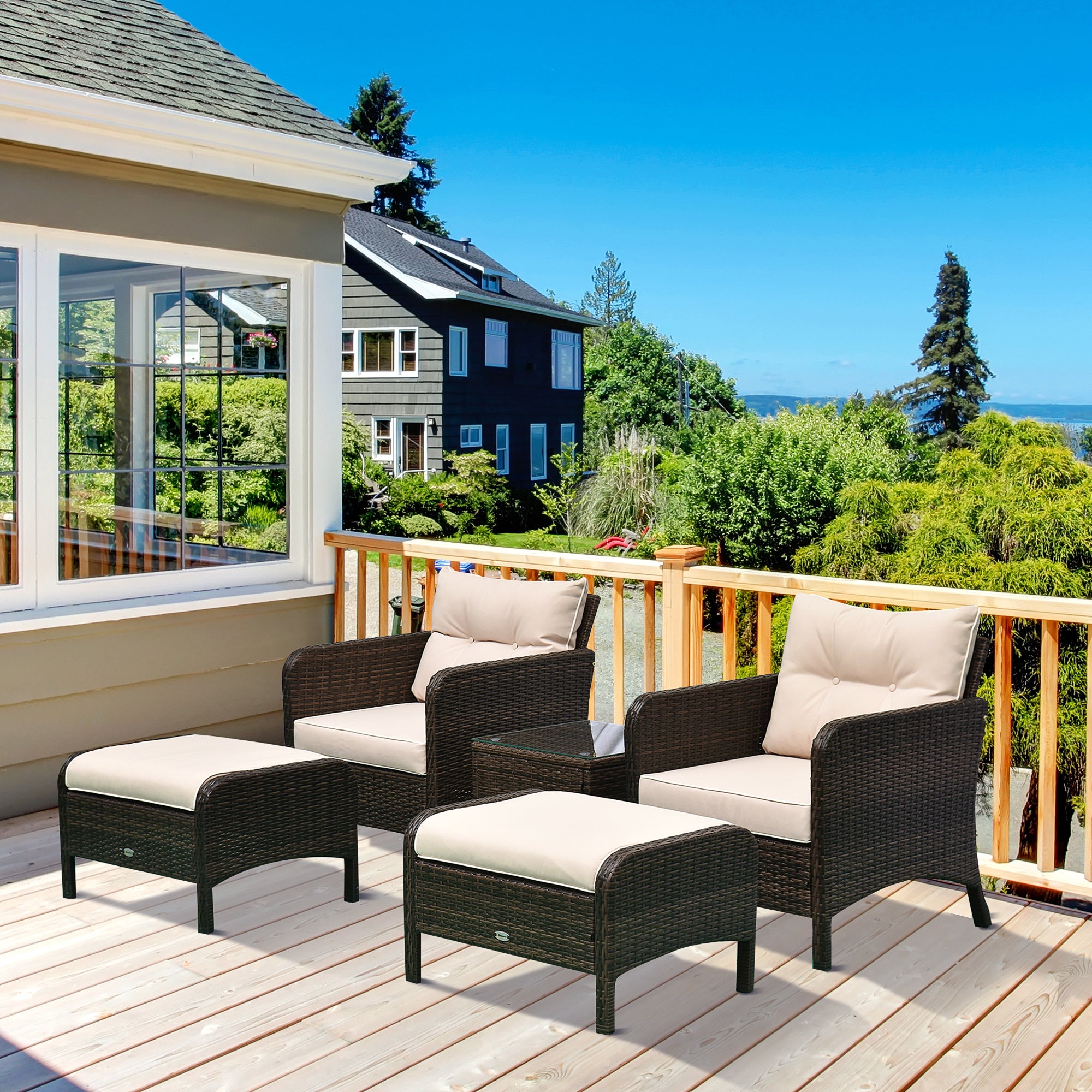 5 Pieces Rattan Wicker Lounge Chair Outdoor Patio Conversation Set with 2 Cushioned Chairs, 2 Ottomans and Tempered Glass Top Coffee Table