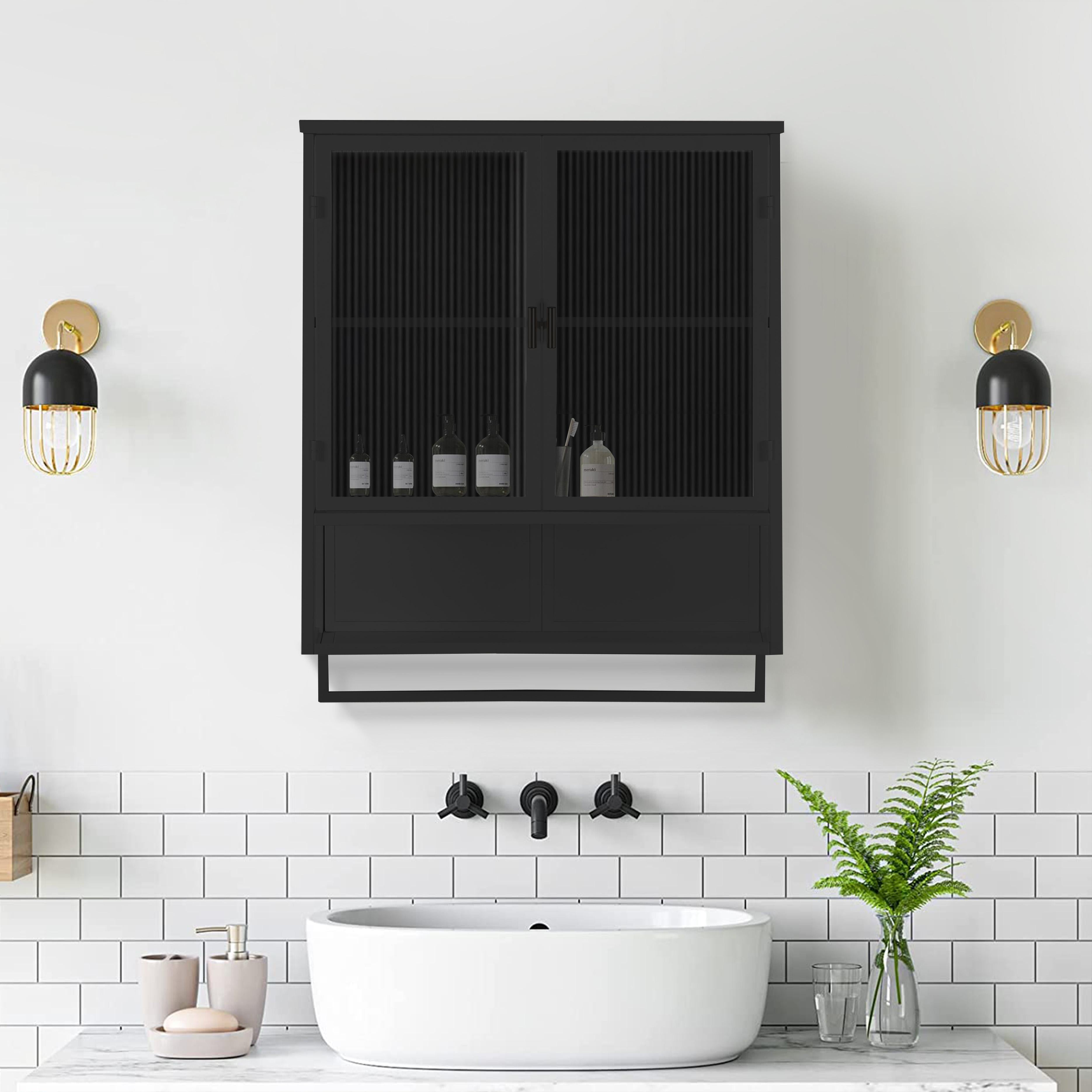 23.62" Modern Wall Cabinet with Glass Doors, Two-Tier Enclosed Storage, Open Shelf, and Towel Rack for Living Room, Dining Room, Bathroom, 23.62"L x 9.06"W x 30.71"H, Black