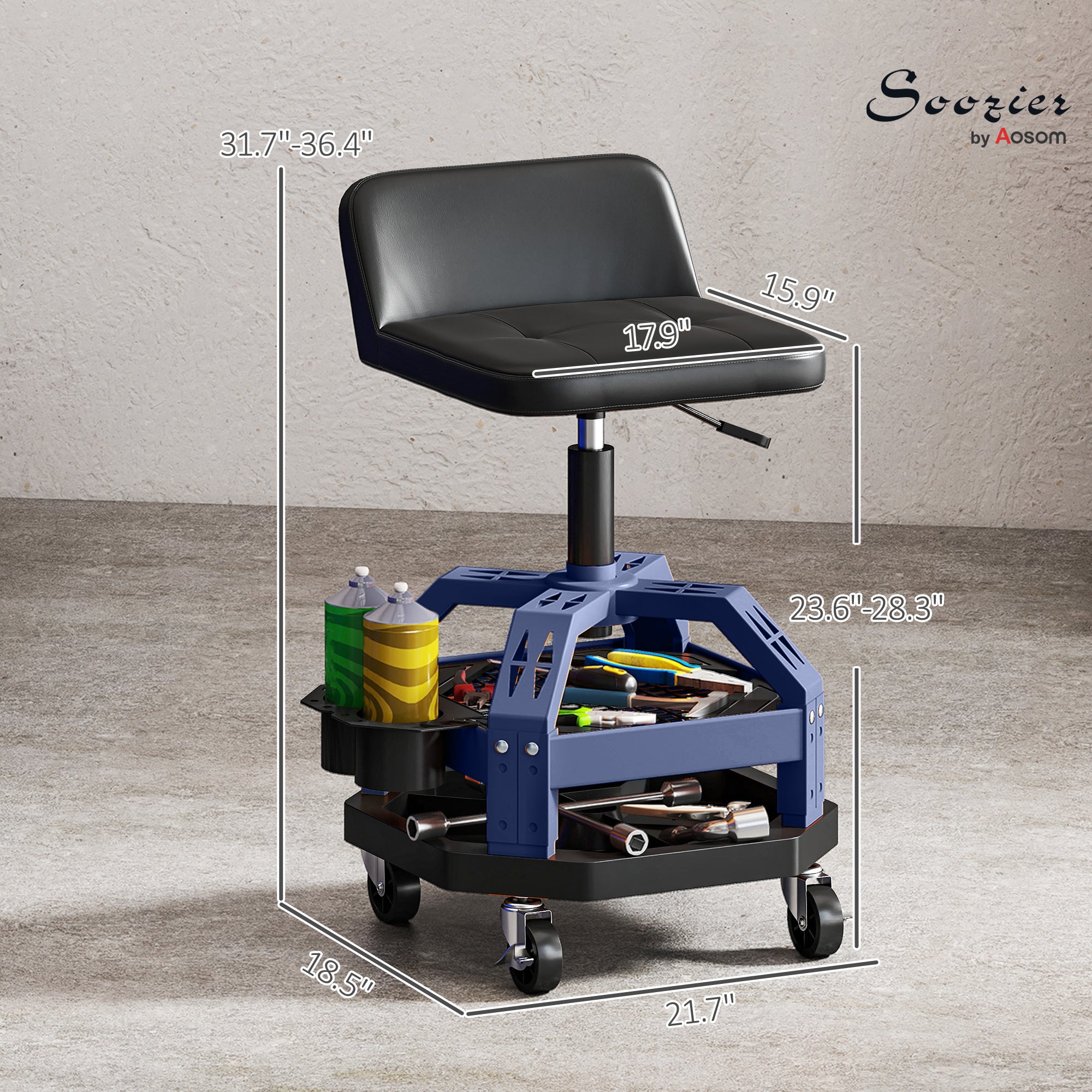 Rolling Creeper Garage Stool, 300 LBS Capacity Mechanic Stool with 360° Wheels, Tool Tray, Adjustable Height, Blue