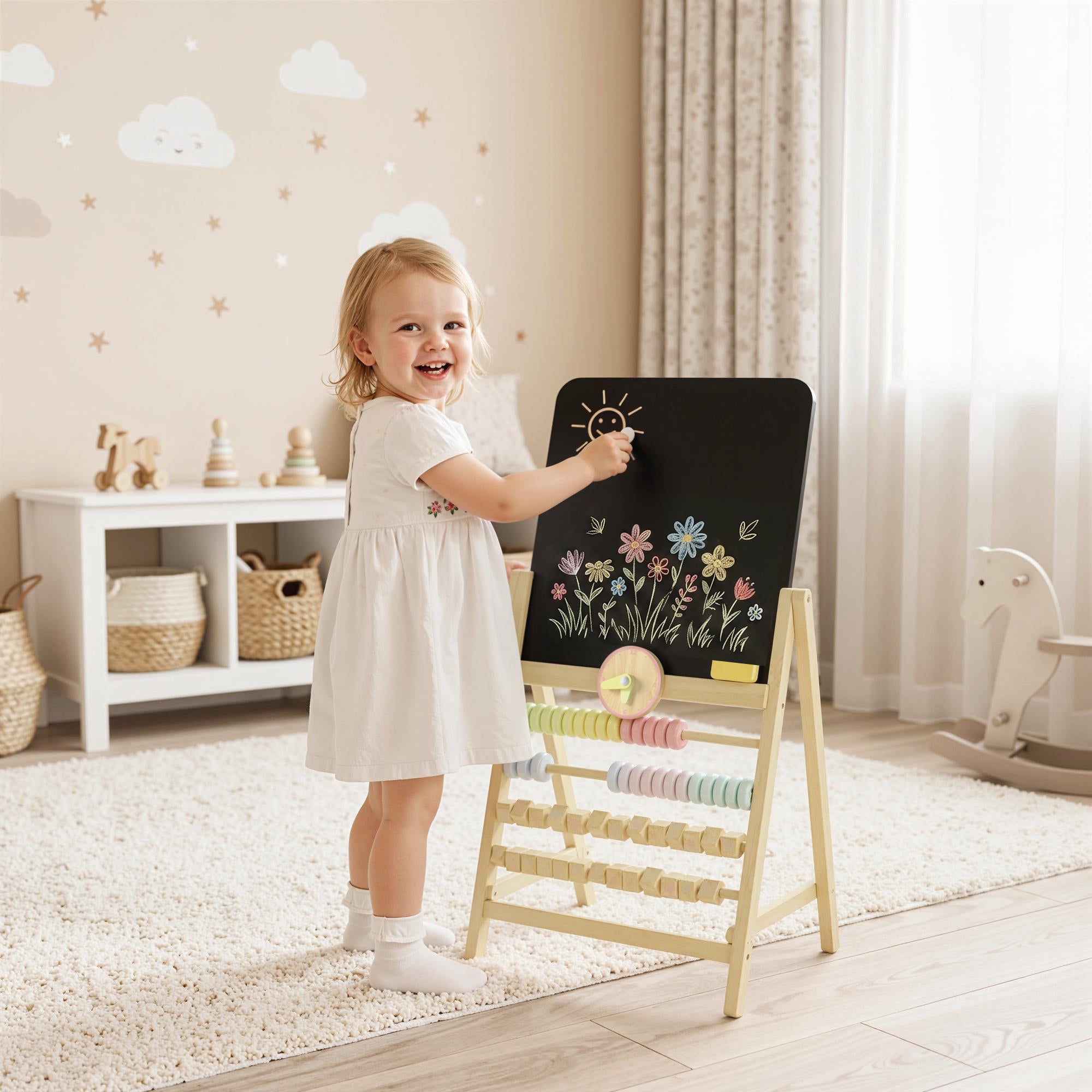 Wooden Kids Art Easel with Double-Sided Chalkboard, Clock, Abacus, Blackboard Eraser for Painting, for Ages 2+, Natural