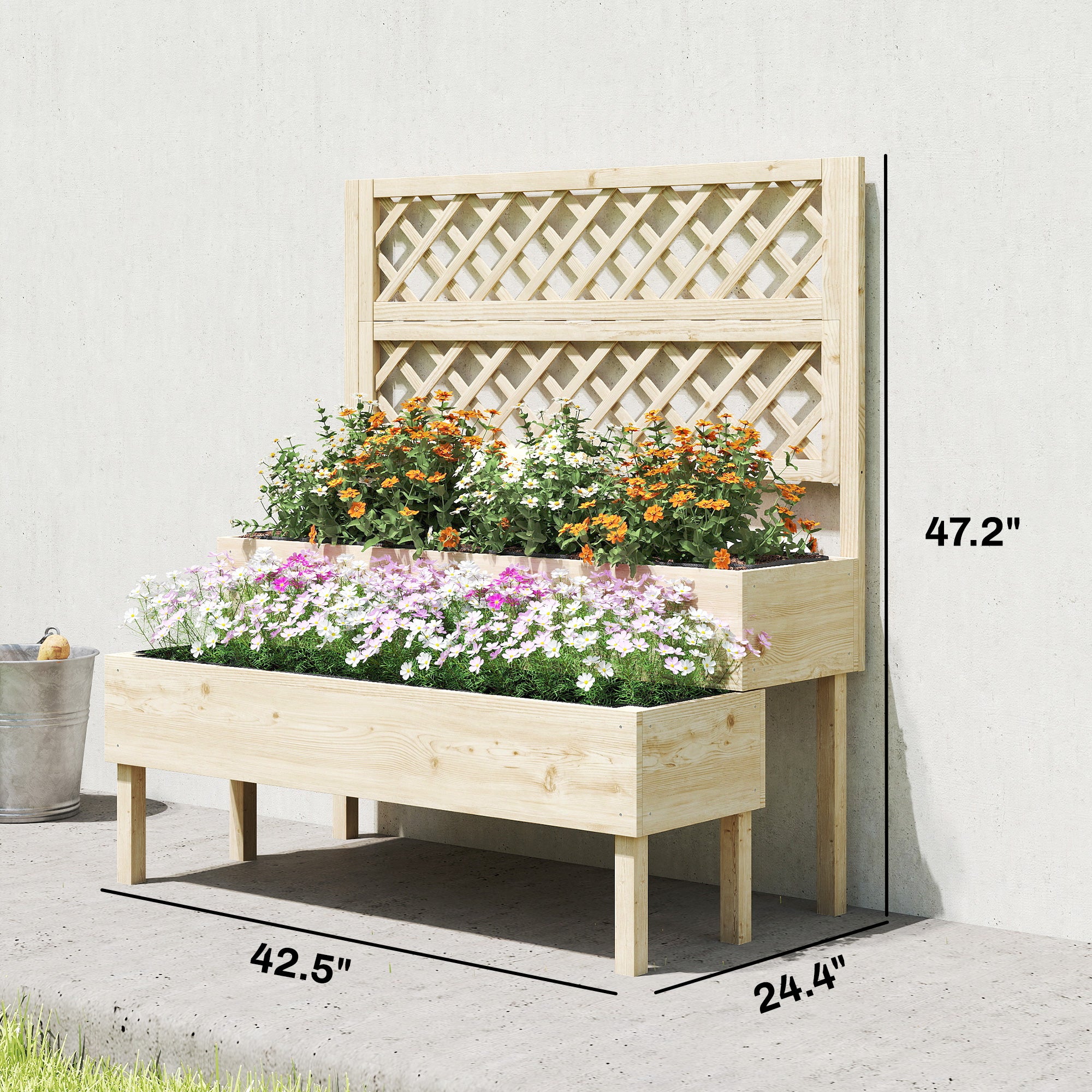 2-Tier Raised Garden Bed with Trellis, Elevated Planter Box for Climbing Plants, Natural