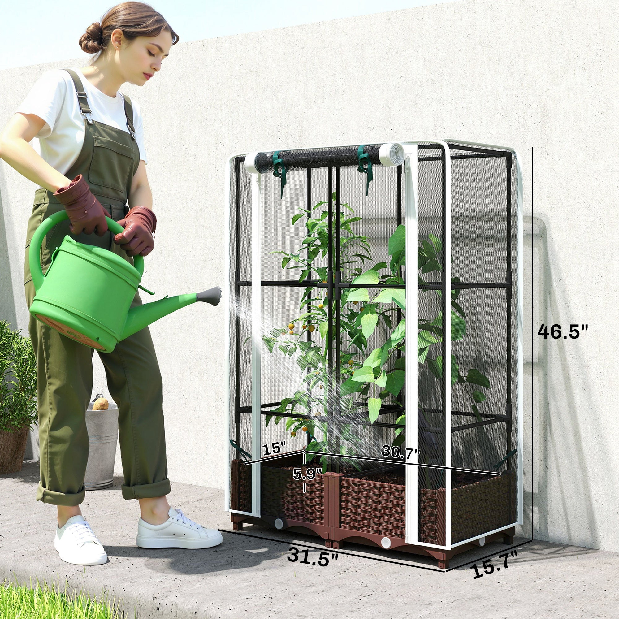 Raised Garden Bed with Trellis, 46.5" Tomato Cage with Crop Cage, Self Watering Planter Box with Drainage Holes, White