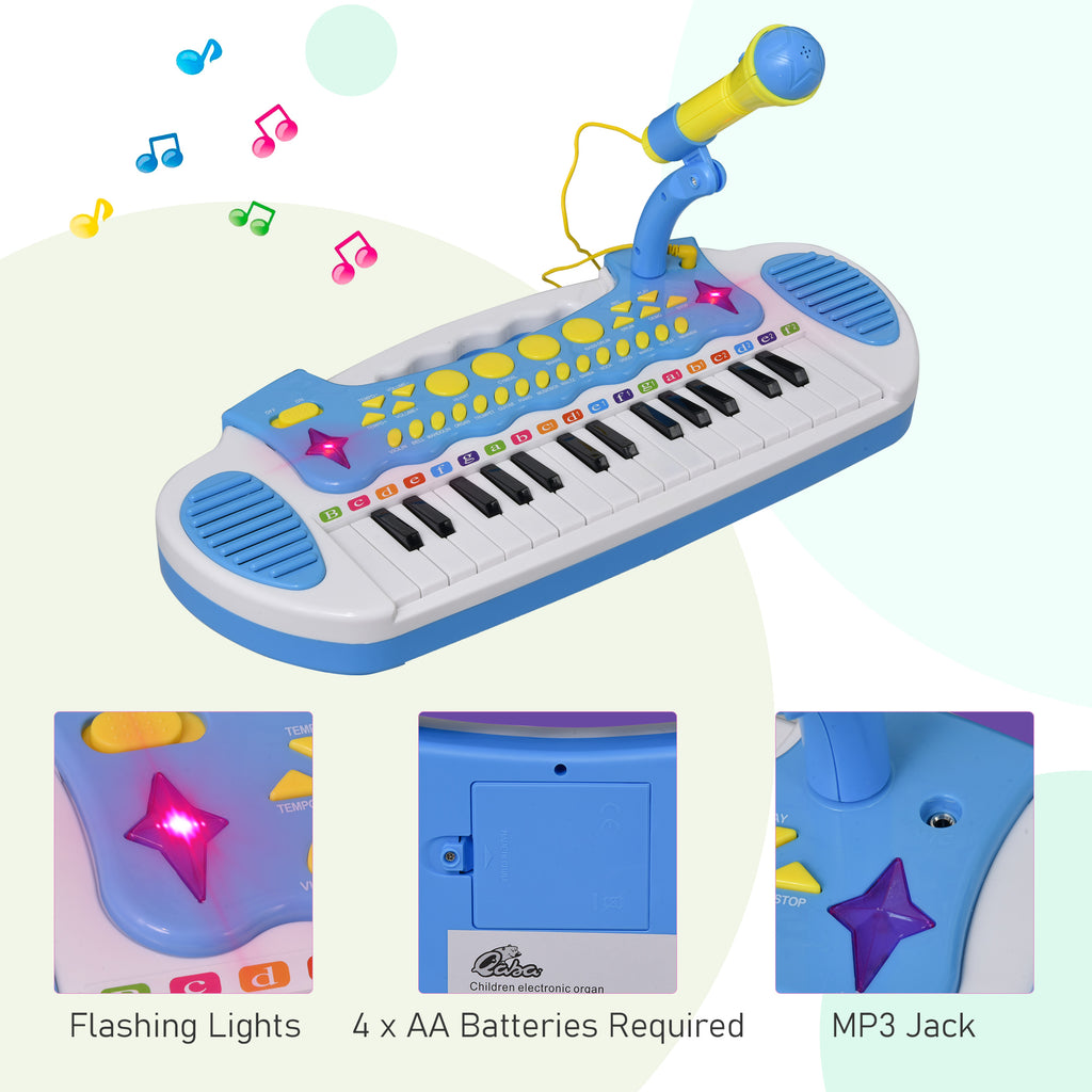 31-Key Kids Toy Keyboard Piano, Electronic Musical Instrument with Multiple Sounds, Stool, Microphone and Bright Flashing Lights, Blue