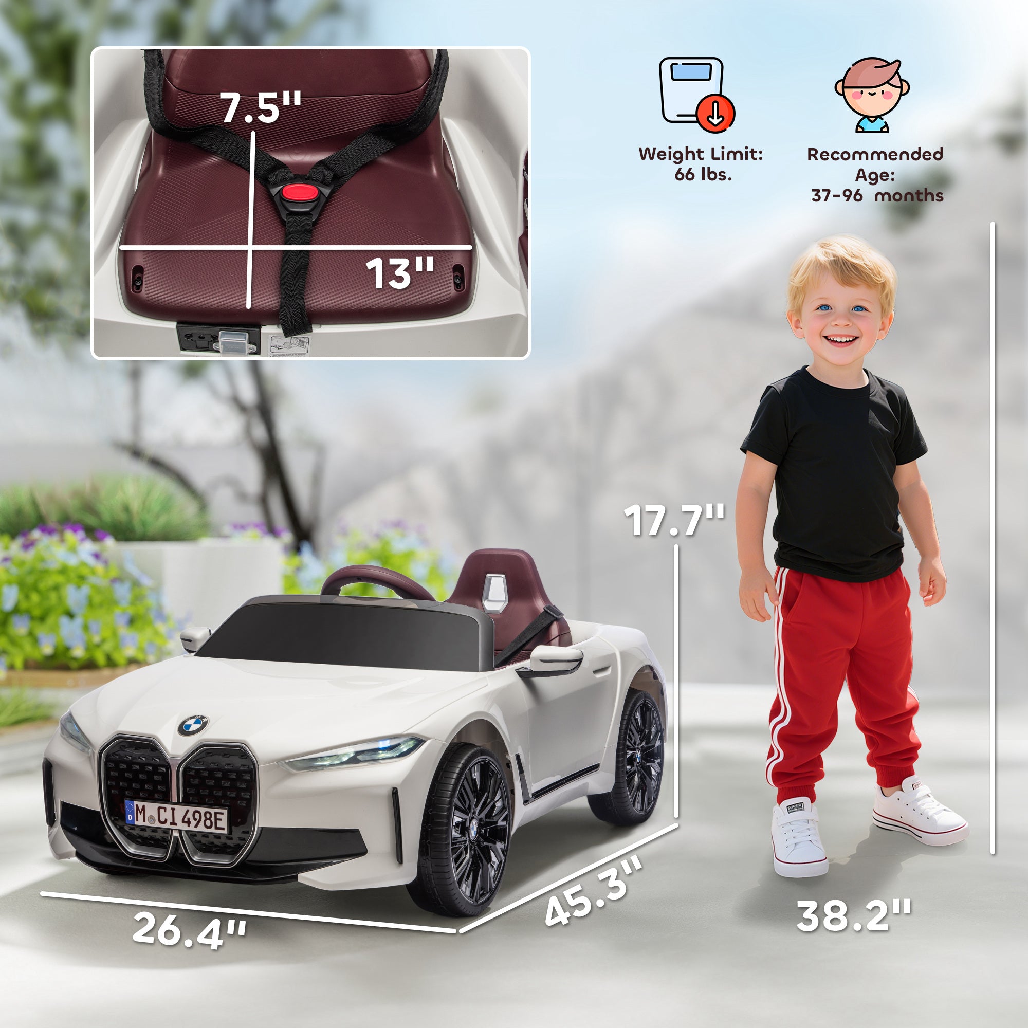 12V Electric Car for Kids with 2.4G Remote Control, Suspension, White