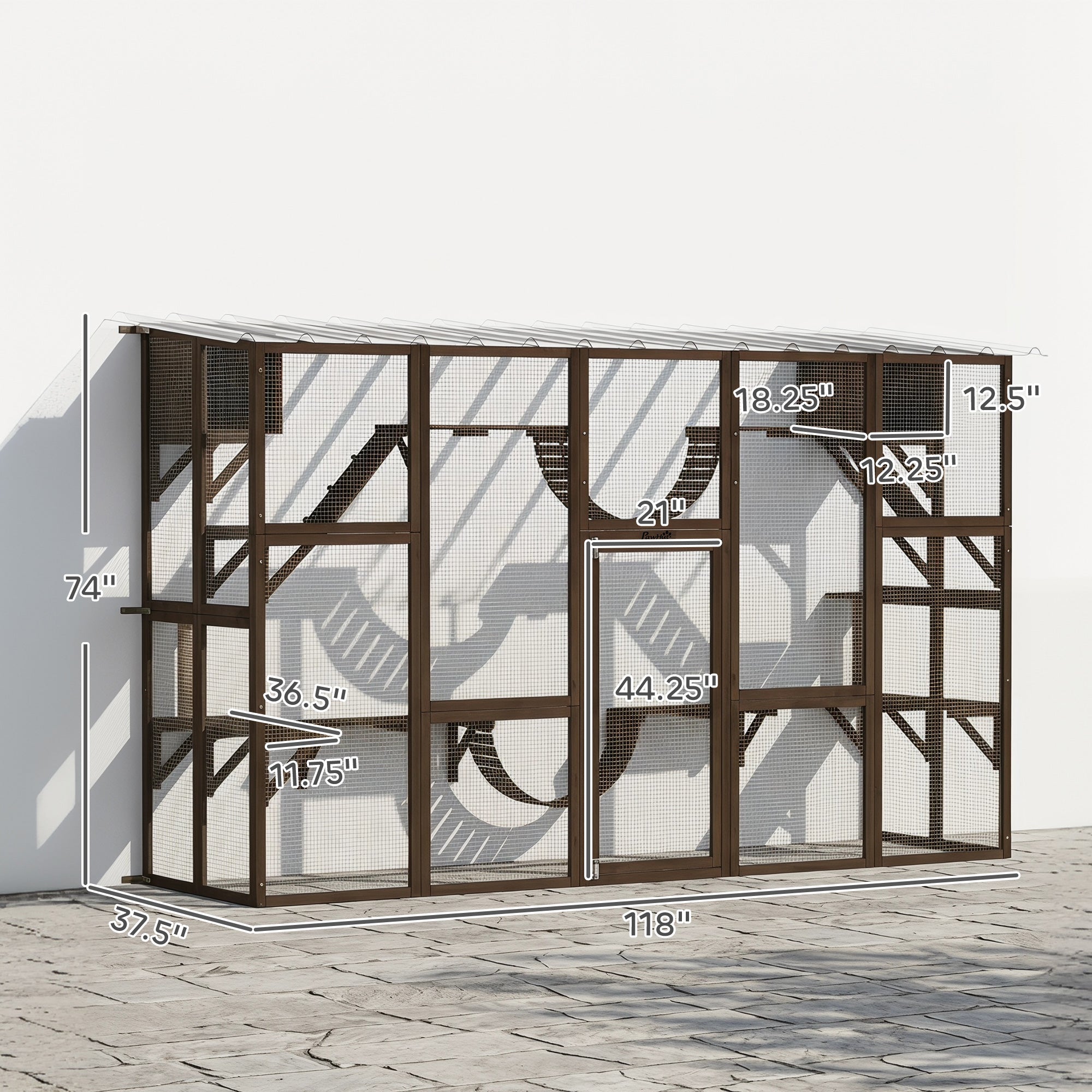 Catio Playground Cat Window Box Outside Enclosure for Multiple Cats w/ Shelves & Bridges, Coffee Brown
