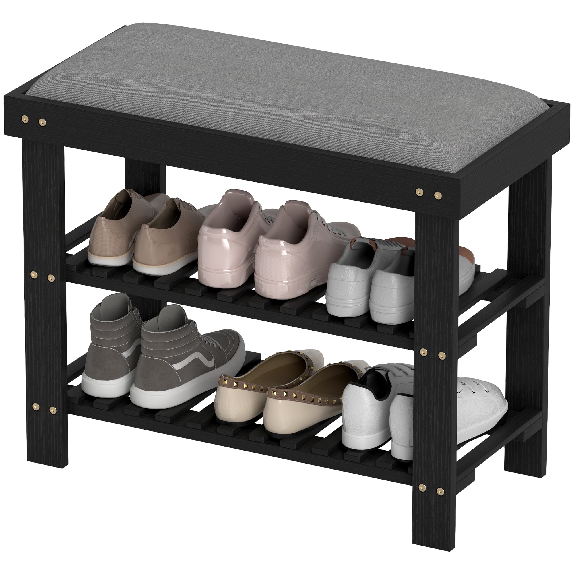 Bamboo Shoe Storage Bench, 3-Tier Entryway Bench with Cushion, Shoe Organizer for Entryway, Hallway, Black